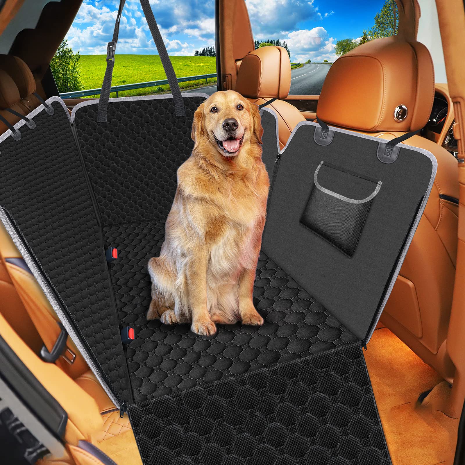 Mancro Dog Car Seat Covers for Back Seat, Waterproof Car Protector for Dogs with Side Flaps, Scratchproof Dog Backseat Cover, Durable Nonslip Dog Hammock for Cars (Black, X-Large (60" W x 64" L)