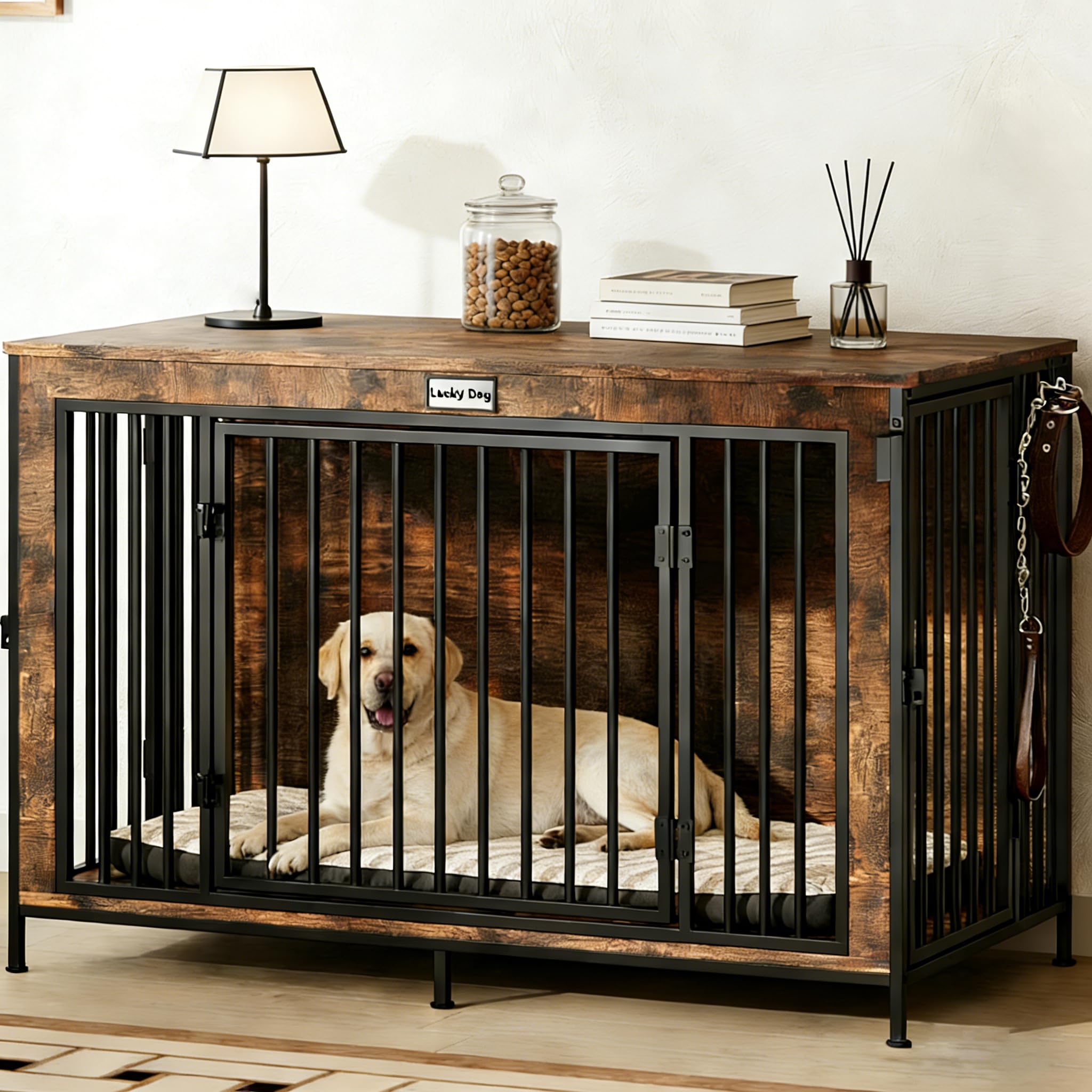 XL Dog Crate Furniture 48'' | Extra Large Heavy Duty Anti-Chew Dog Kennel | Rustic Wooden Entertainment Center & TV Stand with 350LB Top Capacity |