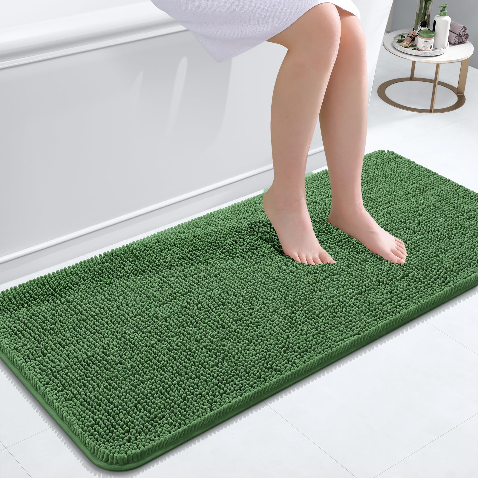 OLANLY Bathroom Runner Rugs 47x20, Extra Soft Absorbent Chenille Bath Rugs | Olive Green, Quick-Drying Rubber Backing, Washable Long Bath Mat for Bathroom Floor, Tub and Shower, Home Decor Accessories