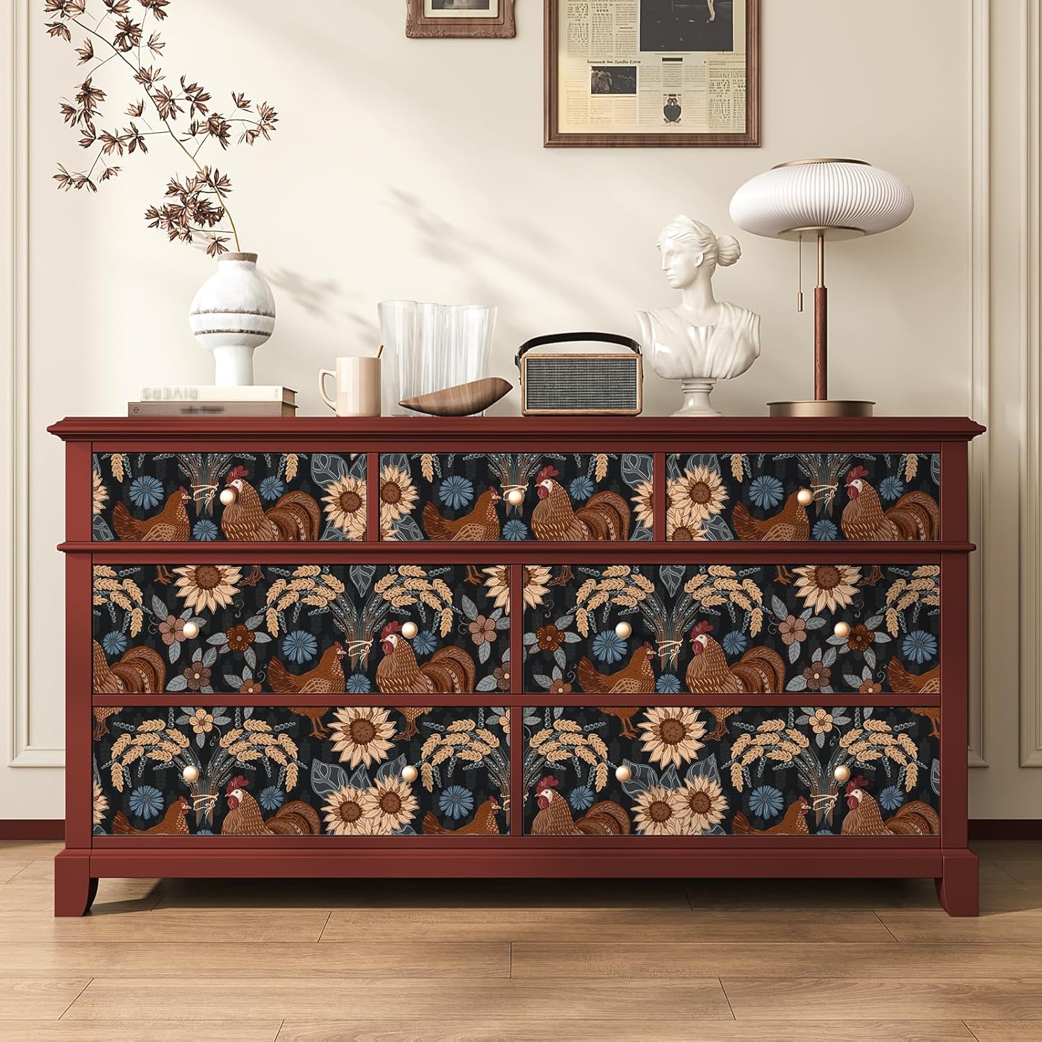 VEELIKE Cottage Farm Rooster Sunflower Wallpaper Peel and Stick Retro Farmhouse Wallpaper for Kitchen Coop 17.7''x354'' Waterproof Removable Chicken Wall Paper Self Adhesive for Bedroom Living Room