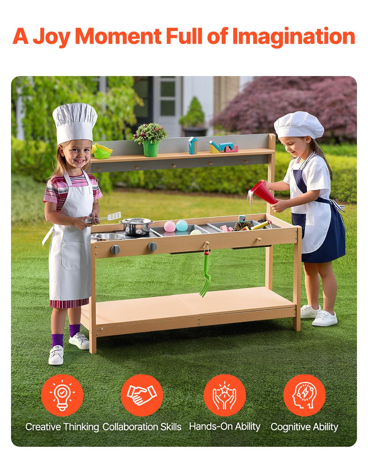 VEVOR Cucina di Fango per Bambini, Larghezza 1000 mm Set da Cucina Giocattolo in Legno con Accessori, Set da Gioco per Negozio di Alimentari all'Aperto, Cucina Gioco per Bambini con Fornello e Lavello