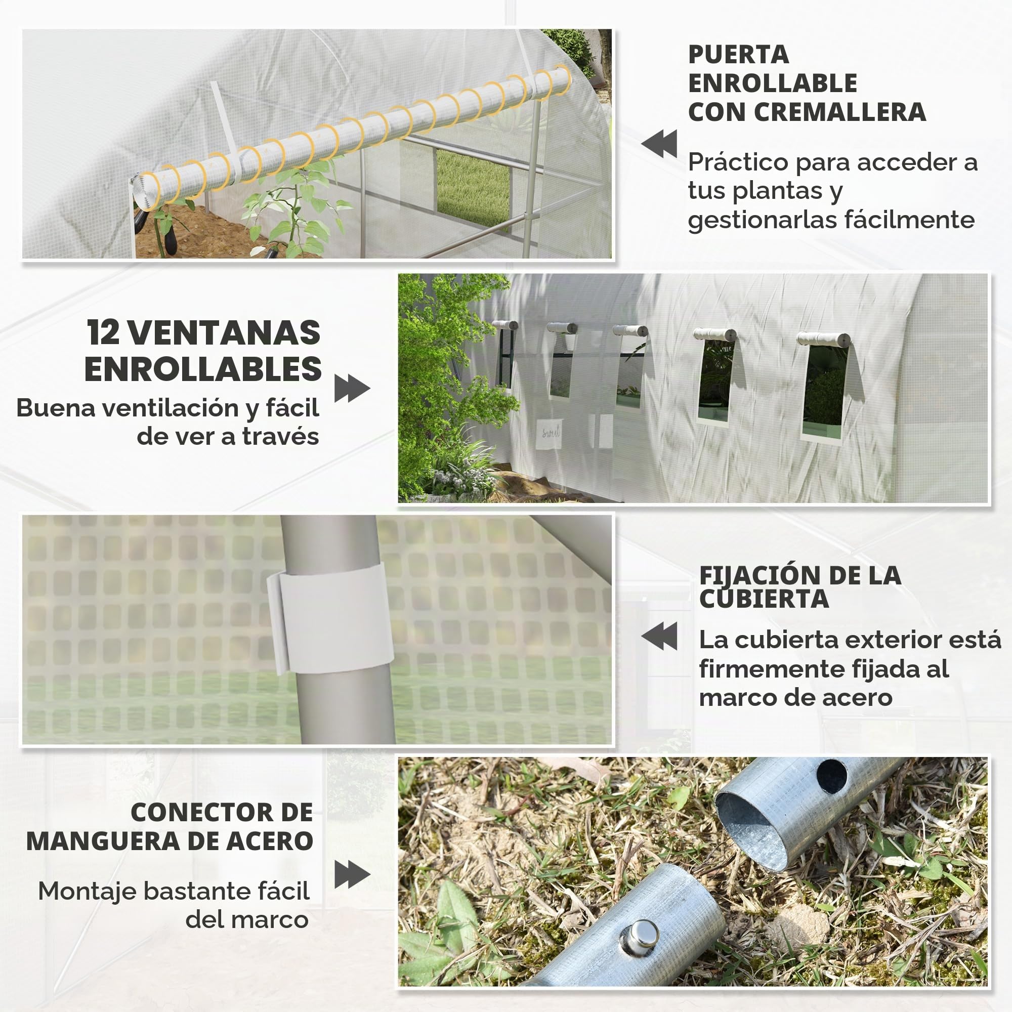 Outsunny Túnel Invernadero 24 ㎡ con Lona PE Marco de Acero galvanizado Ø 24 mm 12 Ventanas Verdes y Puerta Enrollable 8 x 3 x 2 m Blanco