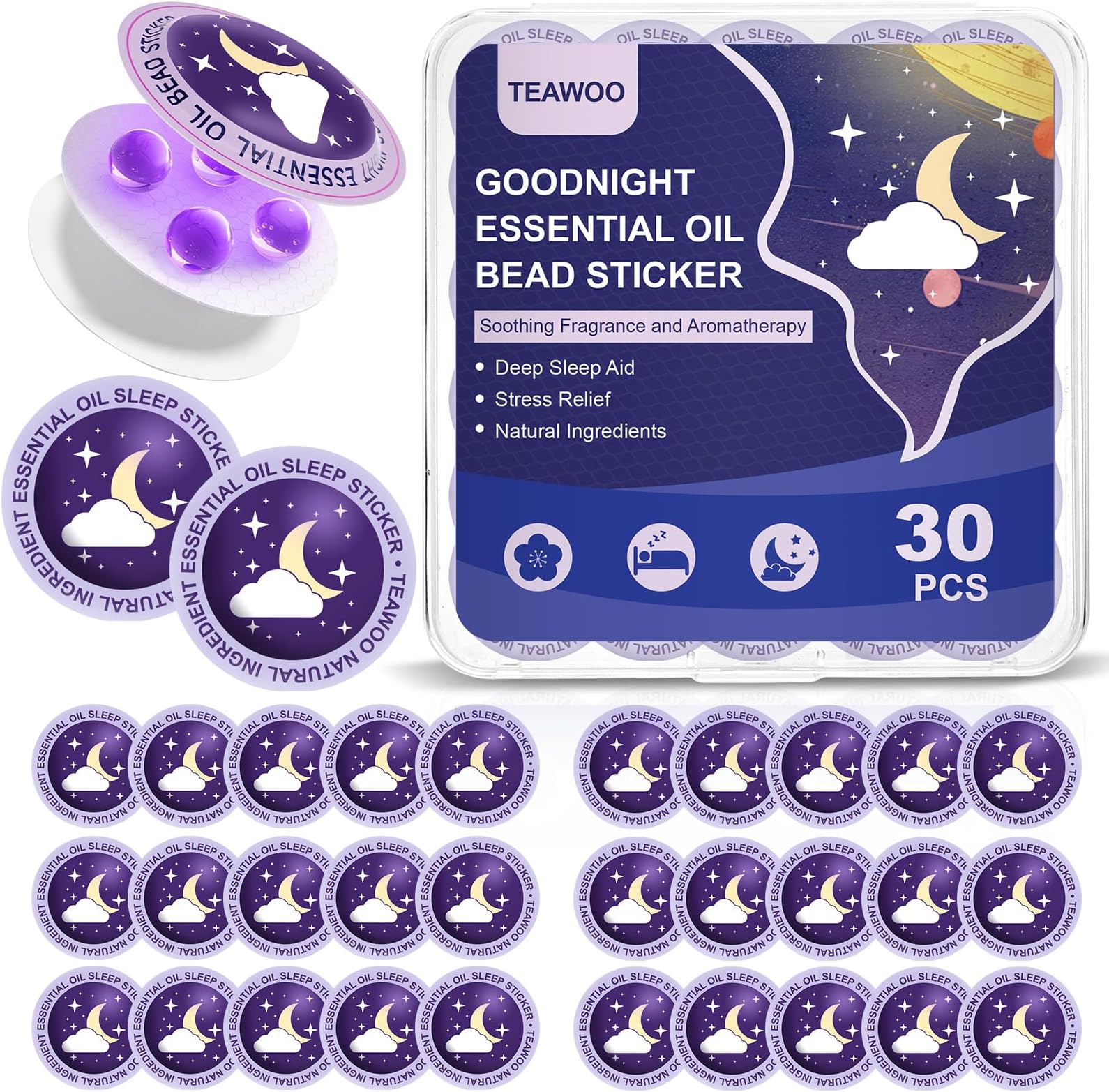 TEAWOO Kids Sleep Patches, Goodnight Sleep Oil Bead Sleeping Aid Patches (30 PCS, Serving Up to 120 Nights), Upgraded Sweet Dream Formula with 100% Natural Plant Ingredients