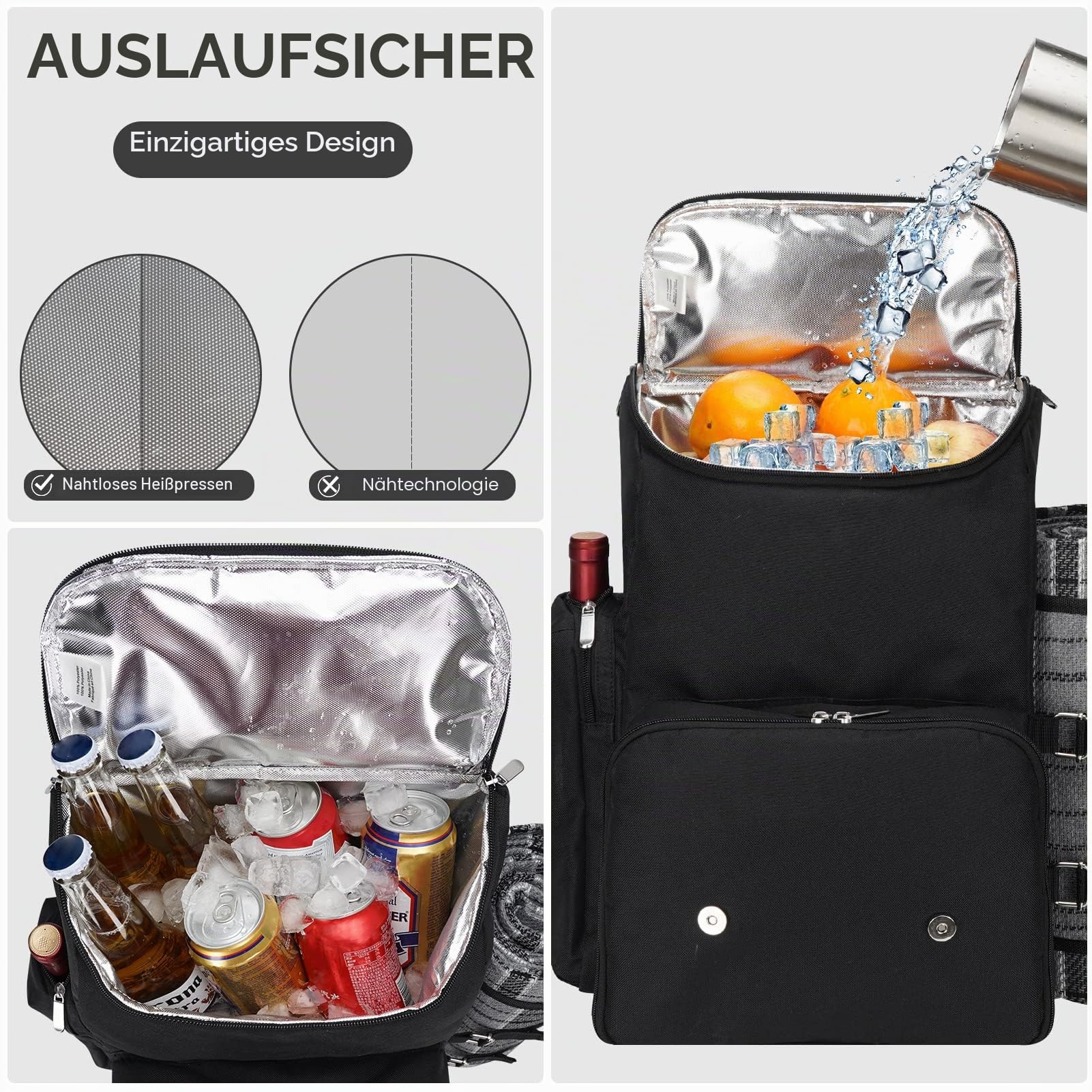 Picknick-Rucksack für 2 Personen mit großer isolierter Kühltasche, Picknickkorb-Set mit Weinbeutel, Party, Hochzeitsgeschenk für Paare. 2P-Schwarz