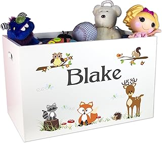 My Bambino Personalized Woodland Animals Toy Box for Children Custom White Wooden Forest Theme for Kids Bin Child Safe with No Lid Storage Playroom Nursery Kids