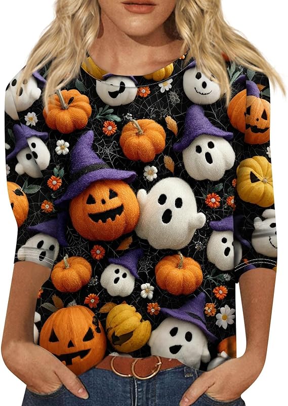 Cute Funny Halloween Shirts for Women Plus Size 3/4 Length Long Sleeve Womens Tops Witch Gothic Renaissance Shirt