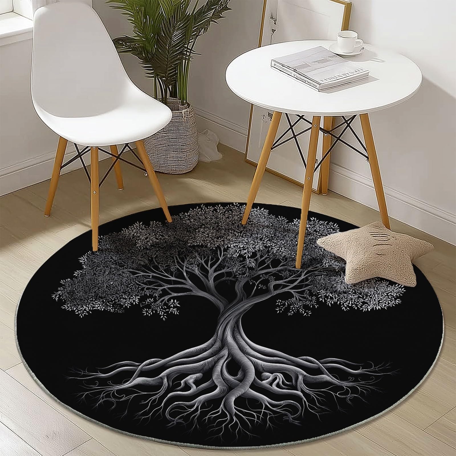 Tappeto rotondo da 210 cm, stile retrò, con albero della vita, moderno, antiscivolo, in flanella nera, lavabile, morbido, per cameretta dei bambini, stanza dei giochi, camera da letto, decorazione