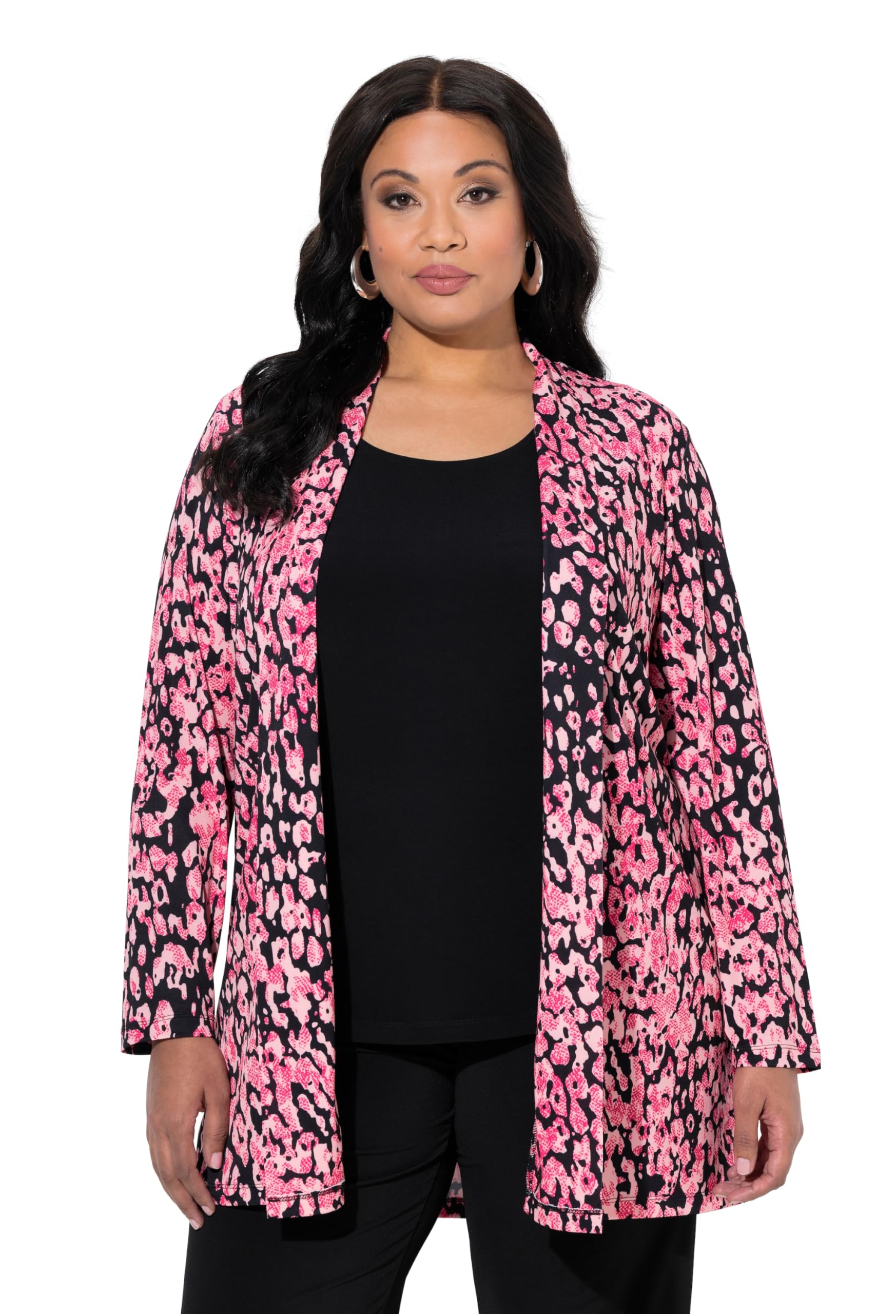 Ulla Popken Damen große Größen Übergrößen Plus Size Jerseyjacke, Leomuster, Schalkragen, ohne Verschluss 849596