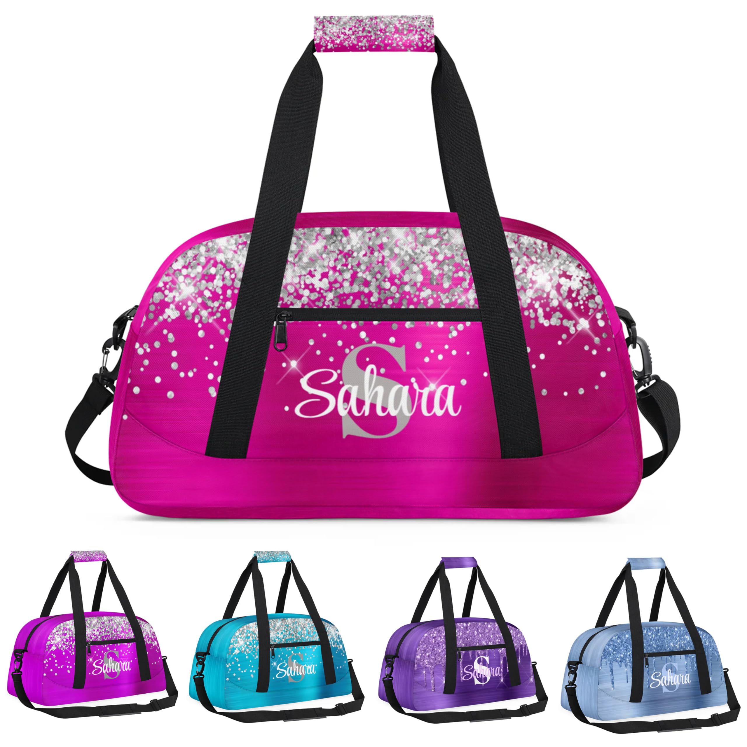 Personalized Glitter Dance Bag Duffel Bag for Girl, Custom Gym Bag Sport Duffel Bag, Ballet Bag Cheerleader Weekender Bags Travel Bag for Kids Silver Glitter Hot Pink