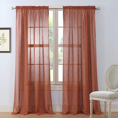 Allyson - Cortina de lino sintético para ventana, dobladillo para barra, color naranja claro natural, 2 paneles de 55 pulgadas de ancho x 63