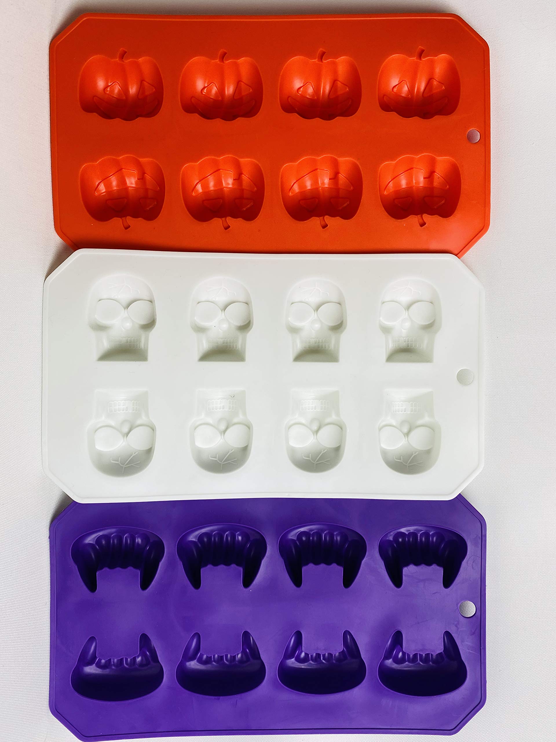 Juego de 3 bandejas para cubitos de hielo, molde para caramelos, gelatina, calavera, colmillo, calabaza