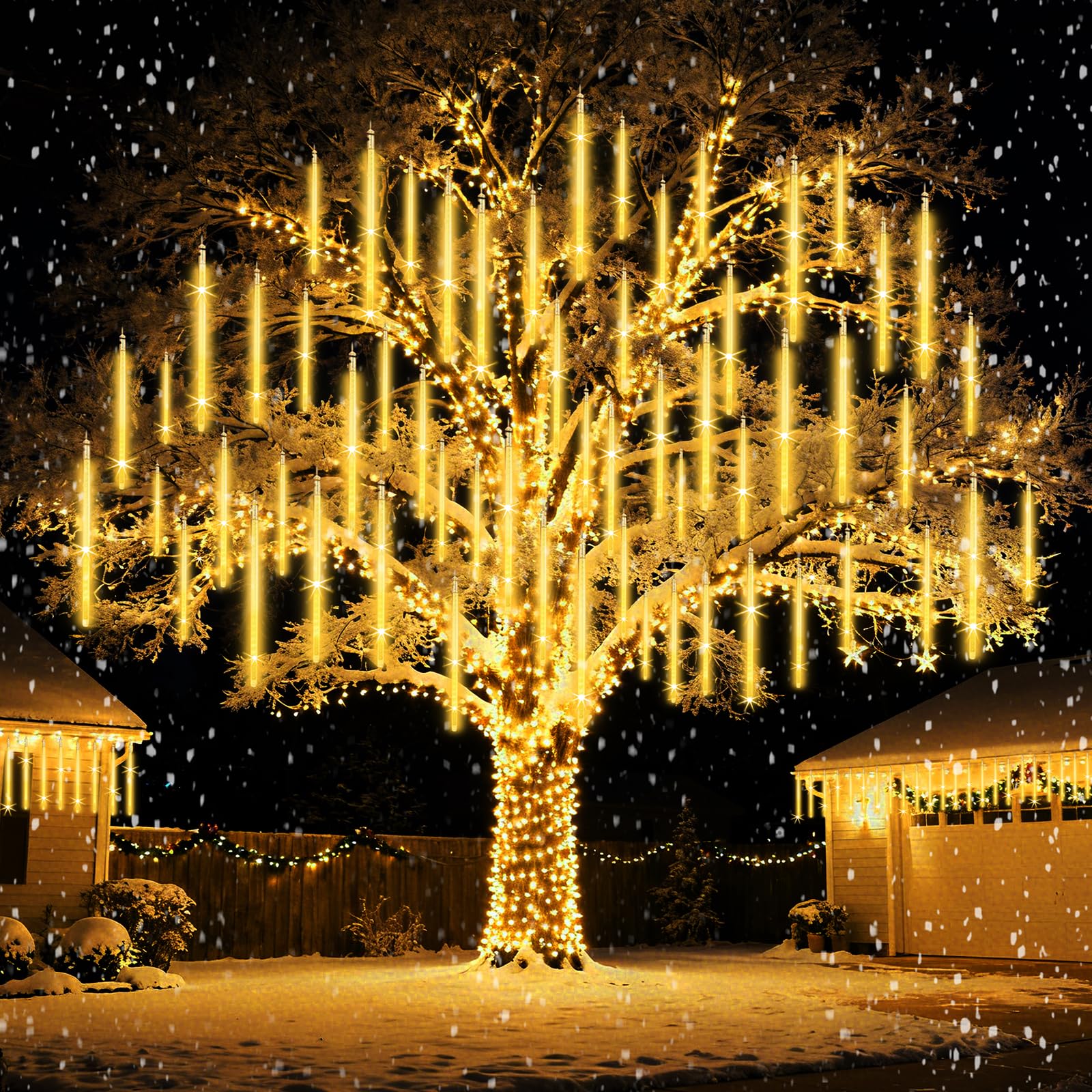 Meteor Shower Lights Outdoor Christmas Lighting Falling Rain Lights 12Inch 10Tubes Rain Drop Light Snowfall Icicle Cascading String Decor for Xmas Holiday Tree Garden Decor,Shine Warm White