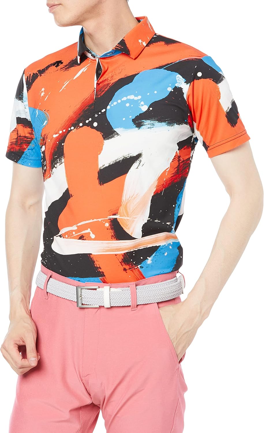 デサントゴルフ ゴルフ 半袖シャツ 書道家万美コラボ 吸汗 速乾 UVケア UPF50+ DGMTJA19 メンズ OR00(オレンジ) X デサント ゴルフ ゴルフ 半袖シャツ ACTIVE 書道家万美コラボ 吸汗 速