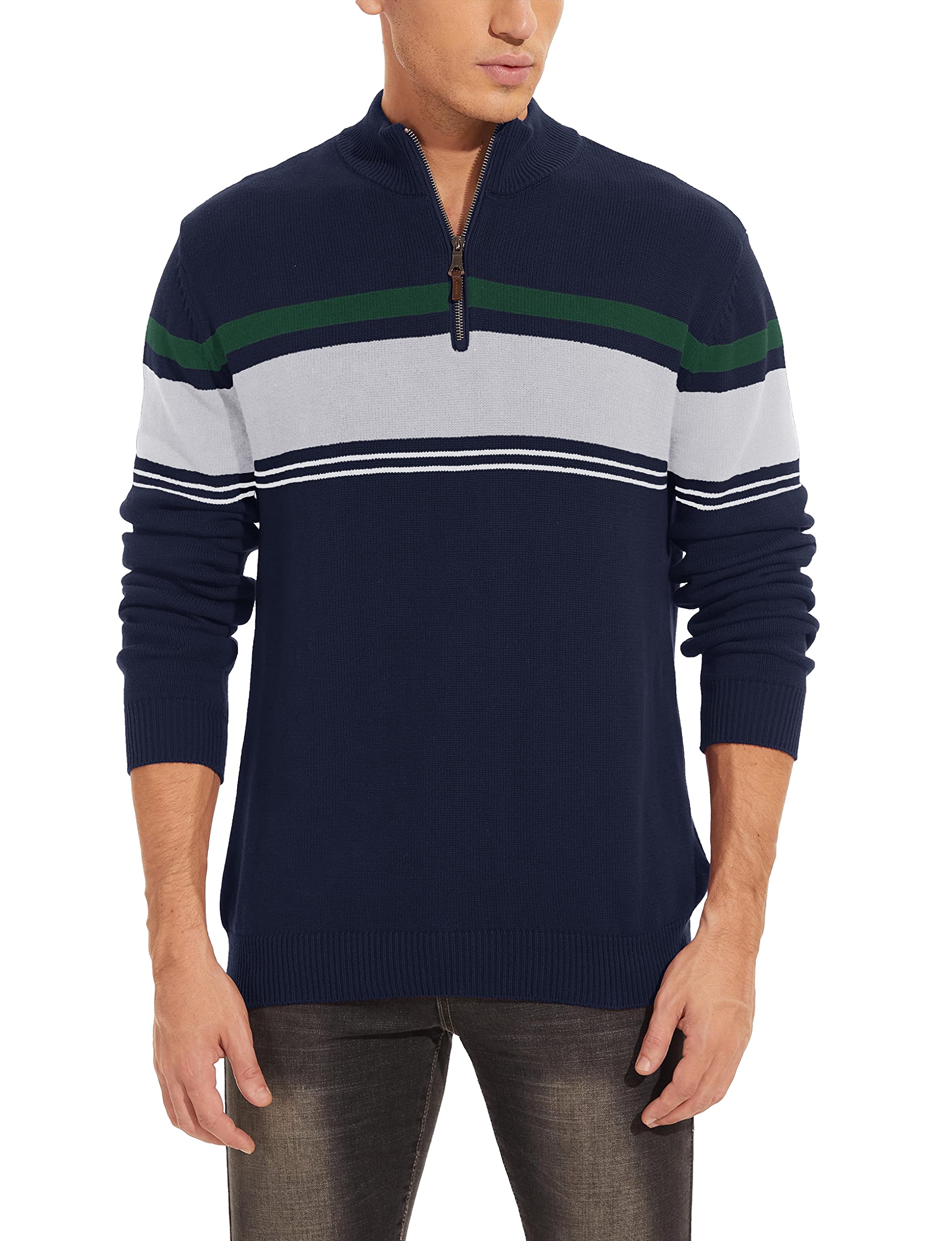 MAGCOMSEN Maglione da uomo a maglia con colletto alto, 1/4 zip, a righe, in cotone, a maniche lunghe, in pile, elasticizzato, per autunno e inverno