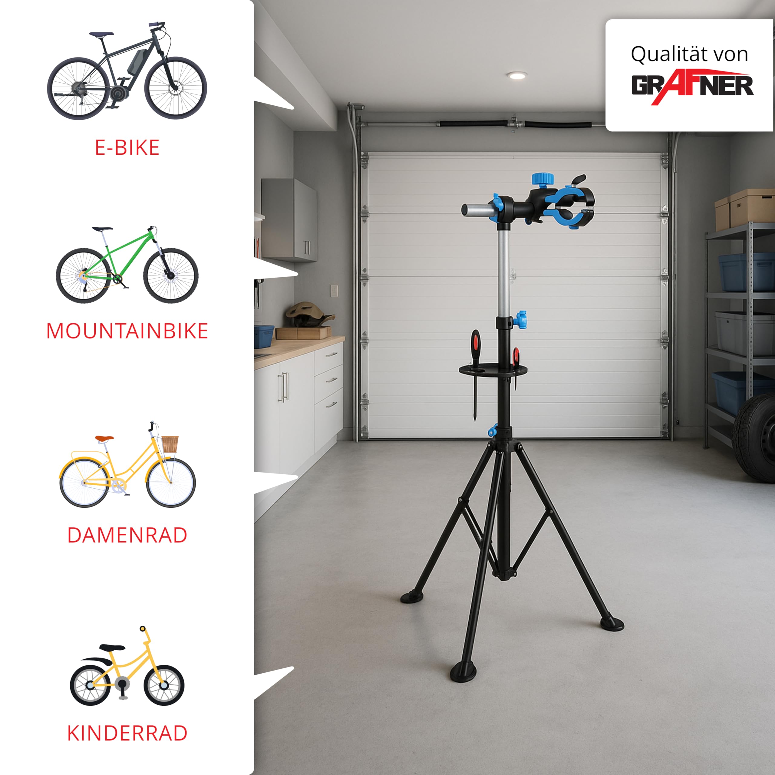 Grafner Montageständer für Fahrräder und Ebike, mit Werkzeugablage 105-190 cm, belastbar bis 30 kg, klappbar & höhenverstellbar, vierbeinig, robuste Ausführung, Reparaturständer Ebike