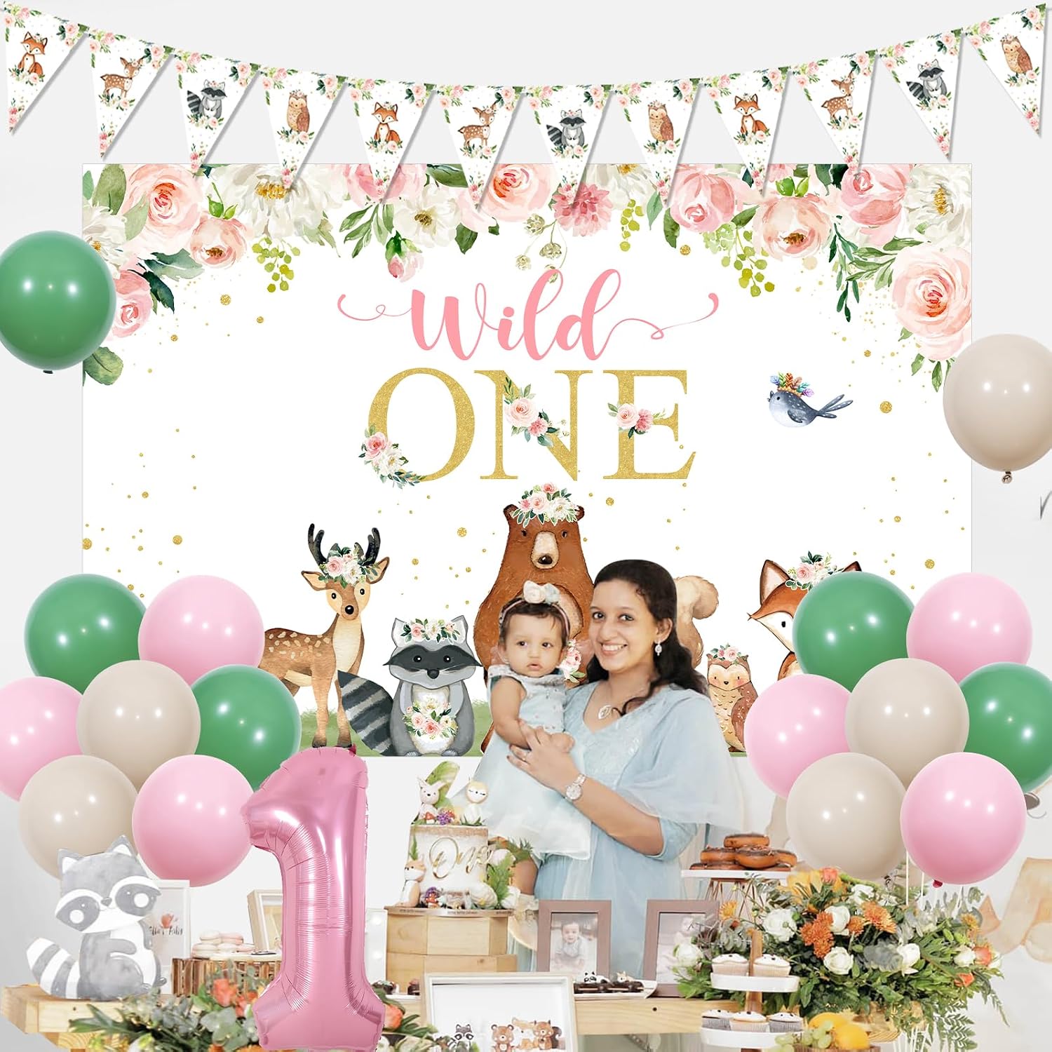 Woodland 1st Birthday Decorations for Girls, Wild One Birthday Backdrop, Woodland Creatures Pennant Banner, Pink Forest Animals Happy 1st Birthday Party Supplies