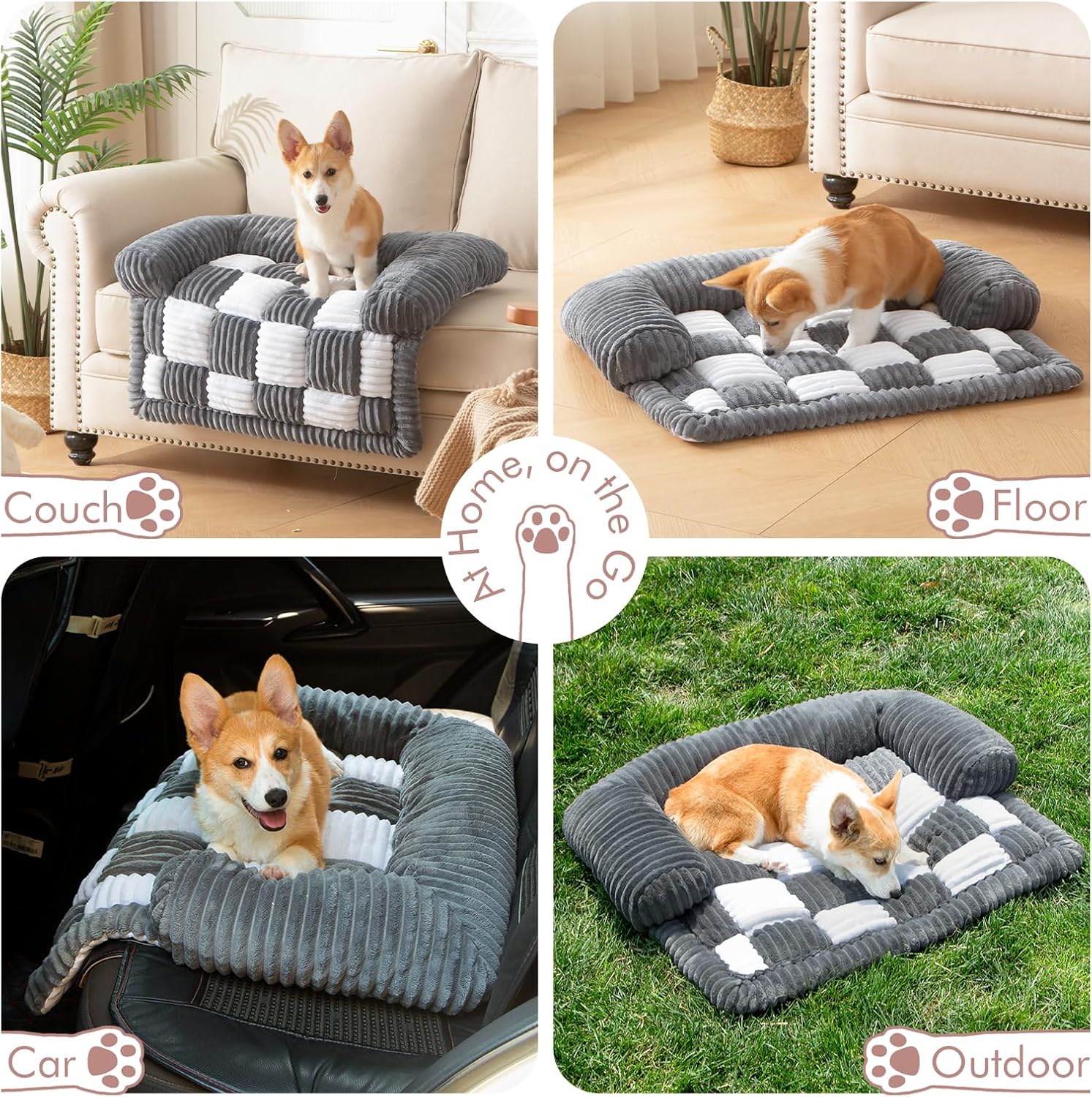 Dog Bed for Couch with Bolster, Comfy Couch Cover for Dogs Washable, Non-Slip Plush Furniture Protector, Calming Fuzzy Lounge Mat, Pet Sofa Accessories (Grey, Medium)