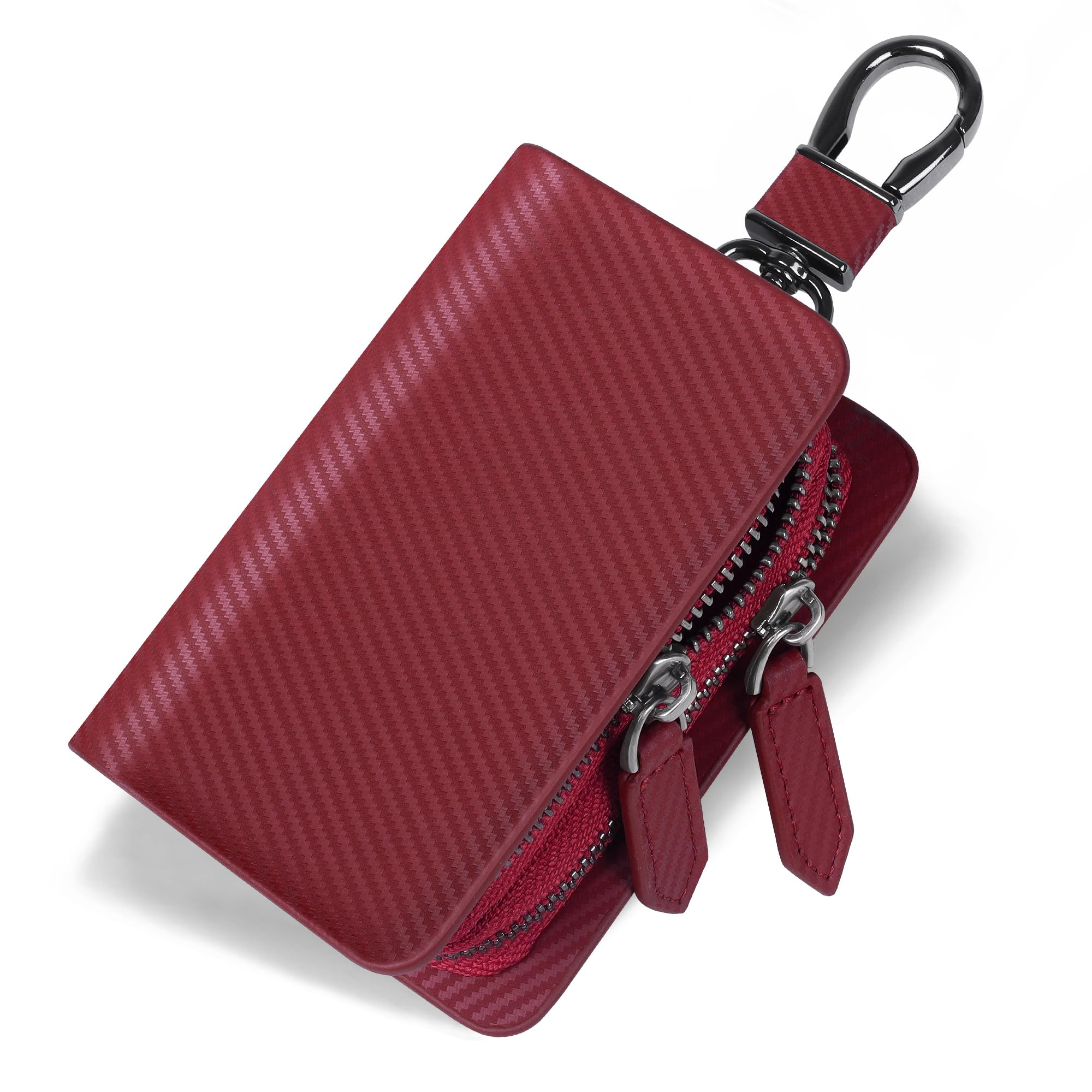 VISOUL Custodia in Vera Pelle per Chiavi Auto, Stile Vintage Sacchetto Chiave con Doppia Cerniera Auto Chiave Portafoglio Portatile Portachiavi per Auto Donna Uomo (Rosso (Carbonio))