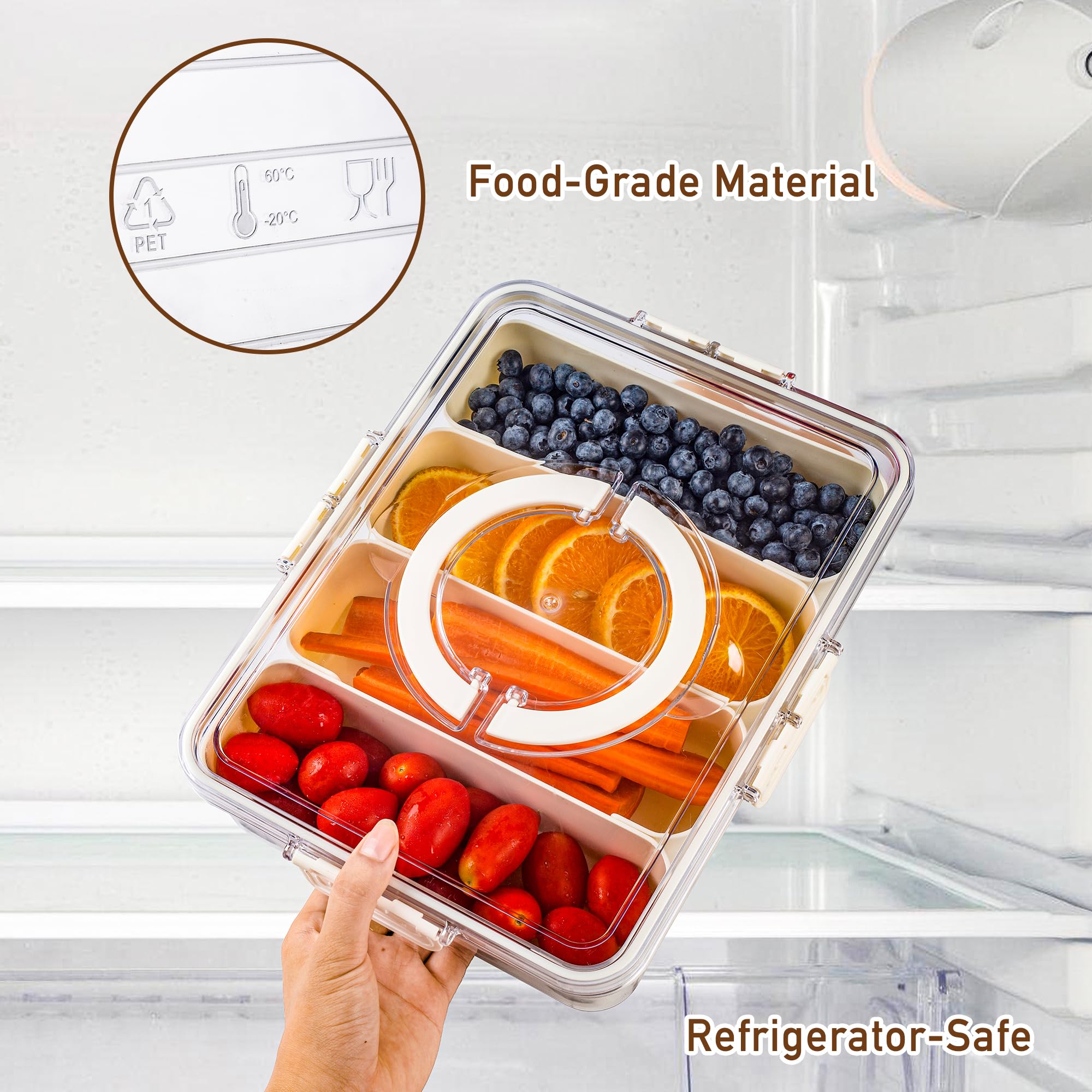 Bandesun Vassoio da portata diviso con coperchio e manico, contenitore per snack e salumi, contenitore portatile per snack, organizer trasparente per caramelle, frutta, noci, snack, 4 griglie
