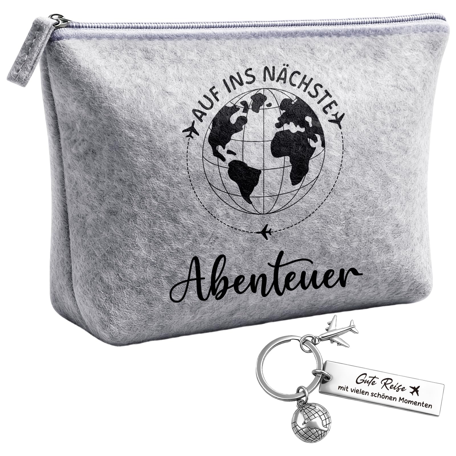 TUZELIYA Abschiedsgeschenk für Frauen - 2 Pcs Reise Geschenk mit Reise Kosmetiktasche aus Filz und Schlüsselanhänger Kollegen Mädchen Freundin Reiseliebhaber - Hellgrau