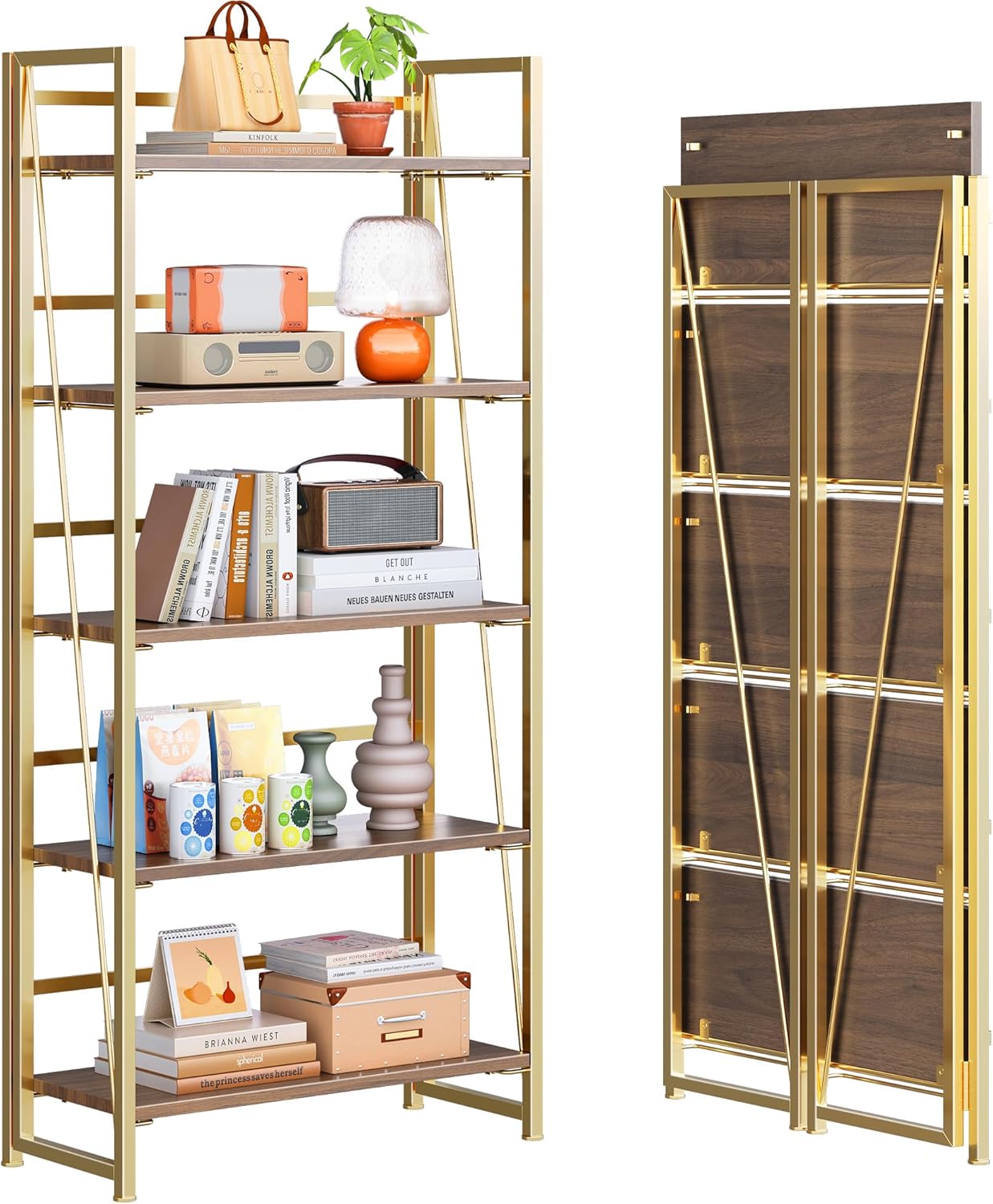 4NM No Assembly Folding Bookshelf, 4-Shelf 54" H Collapsible Foldable Bookcase Storage for Small Spaces, Rustic Brown and Black
