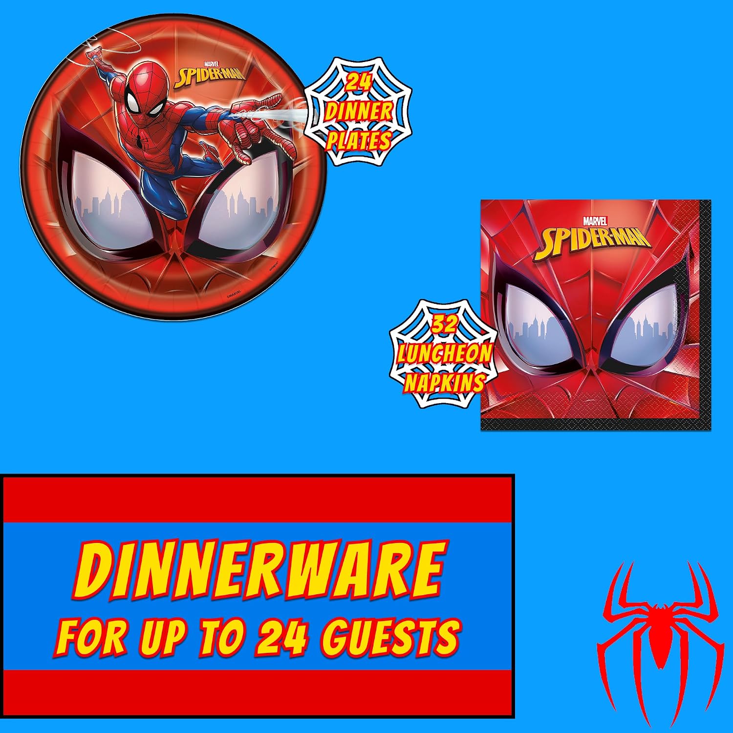Unique Spider-Man Party Supplies | Plates and Napkins Party Set | Serves 24 | Officially Licensed | Dinner Plates and Luncheon Napkins | Birthday Tableware For Kids, Quick Setup, Easy Cleanup