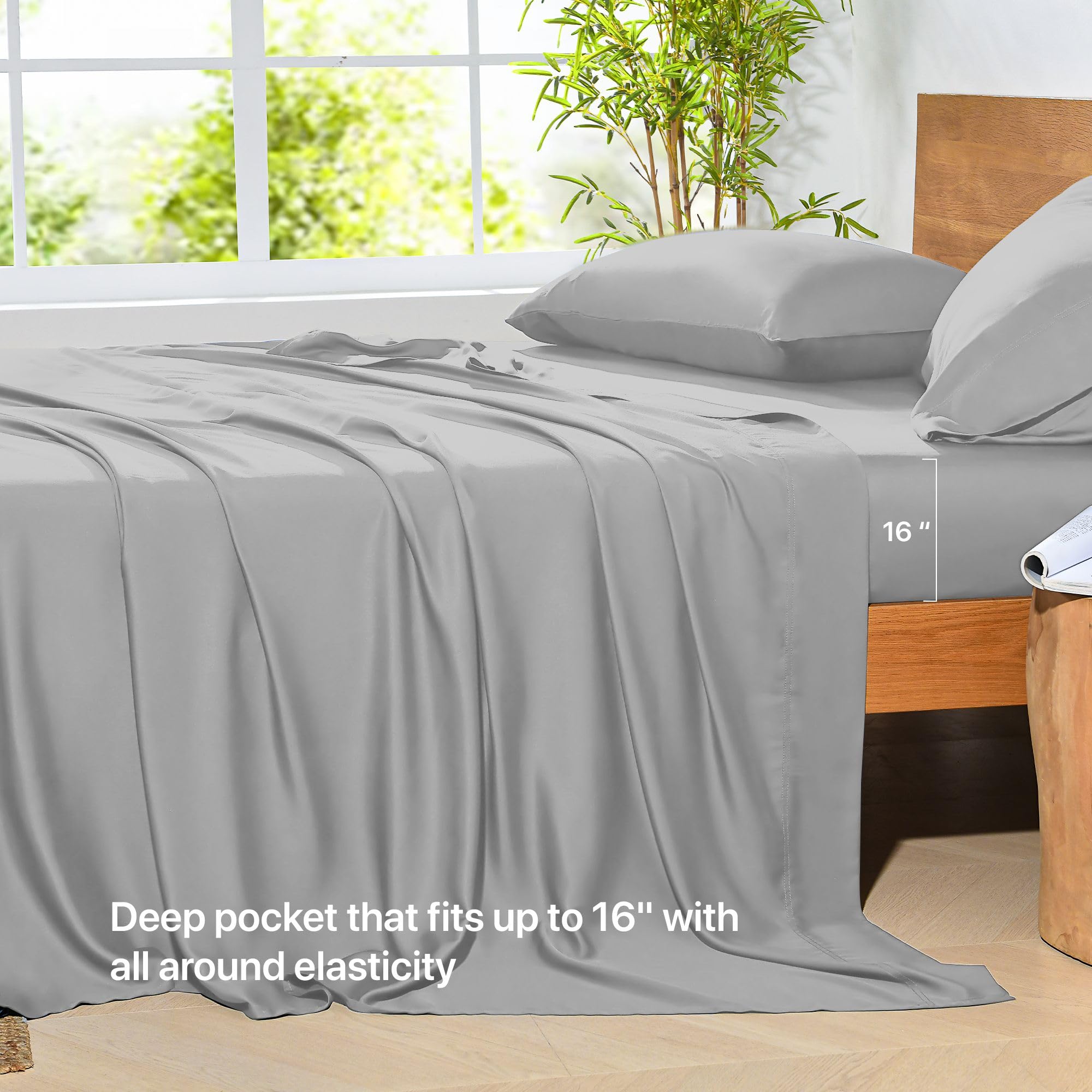 NATUREFIELD 4 lenzuola in bambù per letto king size, 100% bambù organico, 240 fili, morbide e traspiranti, con cinghie per lenzuola, 1 lenzuolo piatto, 1 lenzuolo con angoli, 2 federe beige