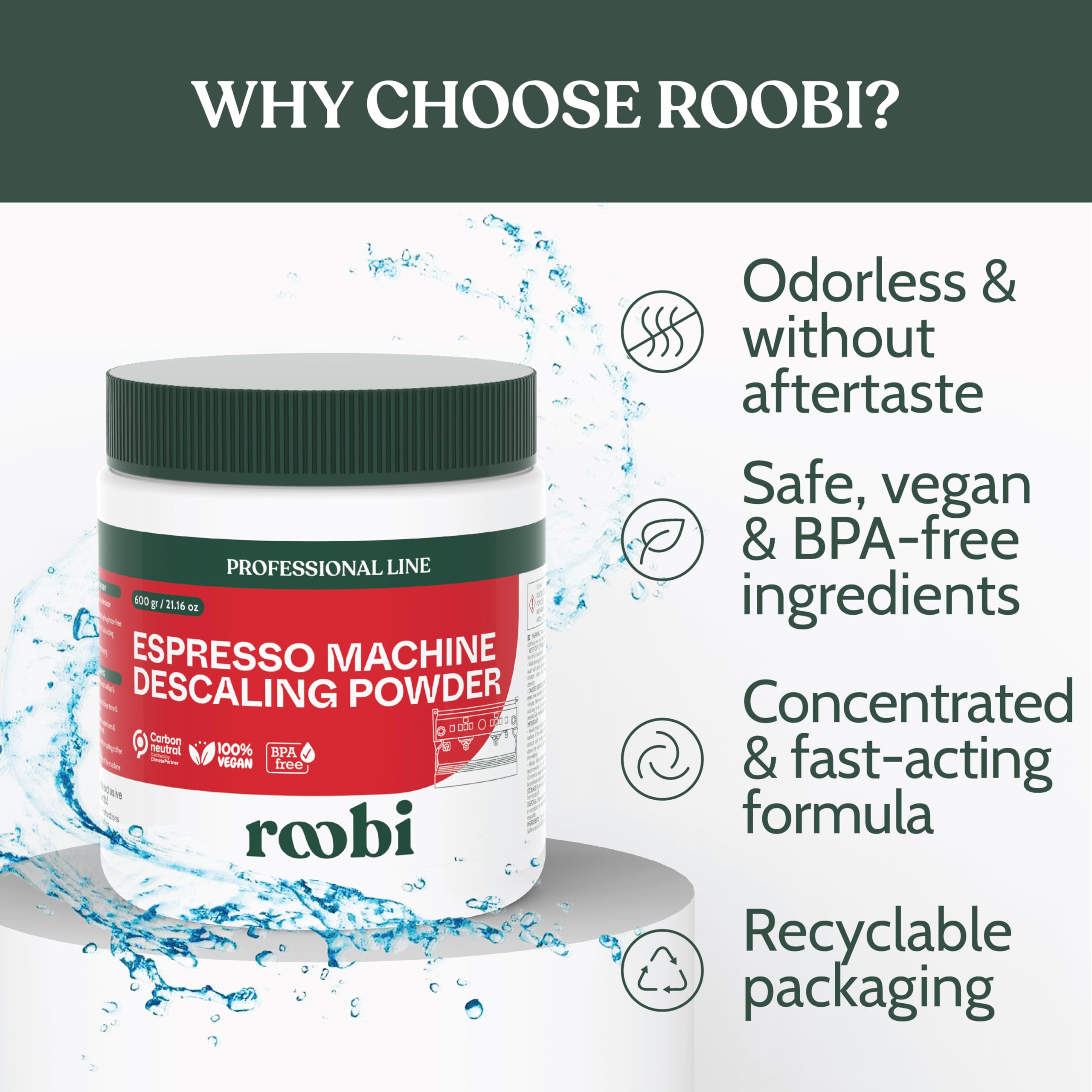 Roobi Polvo descalcificador profesional para máquina de espresso. Polvo descalcificador de espresso neutro en carbono, hasta 21 aplicaciones, 600 gr.