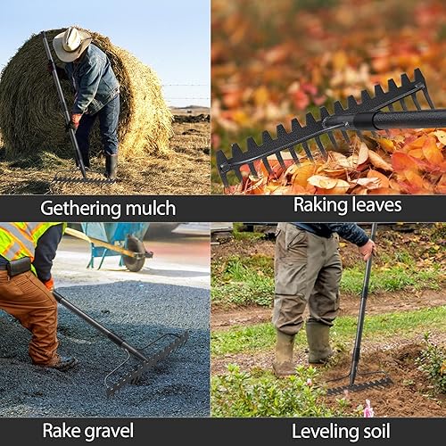 Miniatura 5 de Rastrillos de paja para césped, rastrillo de jardín de metal resistente con 17 puntas, rastrillo de roca ajustable para jardinería y aflojar el