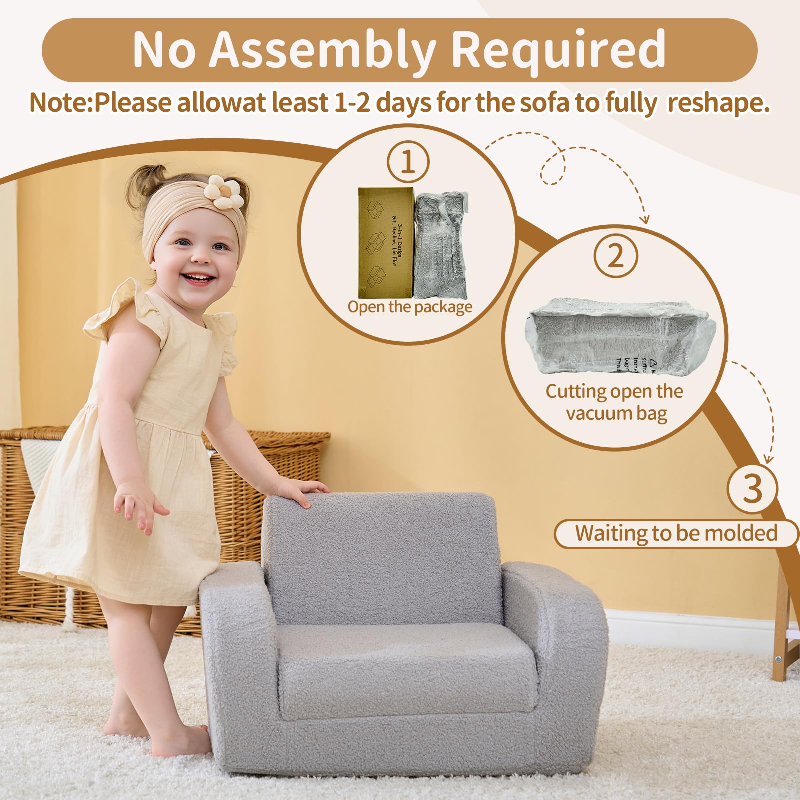 3-in-1 Toddler Couch, Toddler Chairs Comfy 1-3 Years Old, Kids Couch Bed Fold Out, Gifts for 1 2 Year Old Girls Boys 3