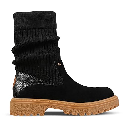 Mykos Women's Maria Pull-On Chelsea Boot - Water & Stain Resistant - Suede with Stylish Knit Cuff - Fashionable and Comfortable Travel Shoe for Everyday Wear - (Black/Gum-6 M US)