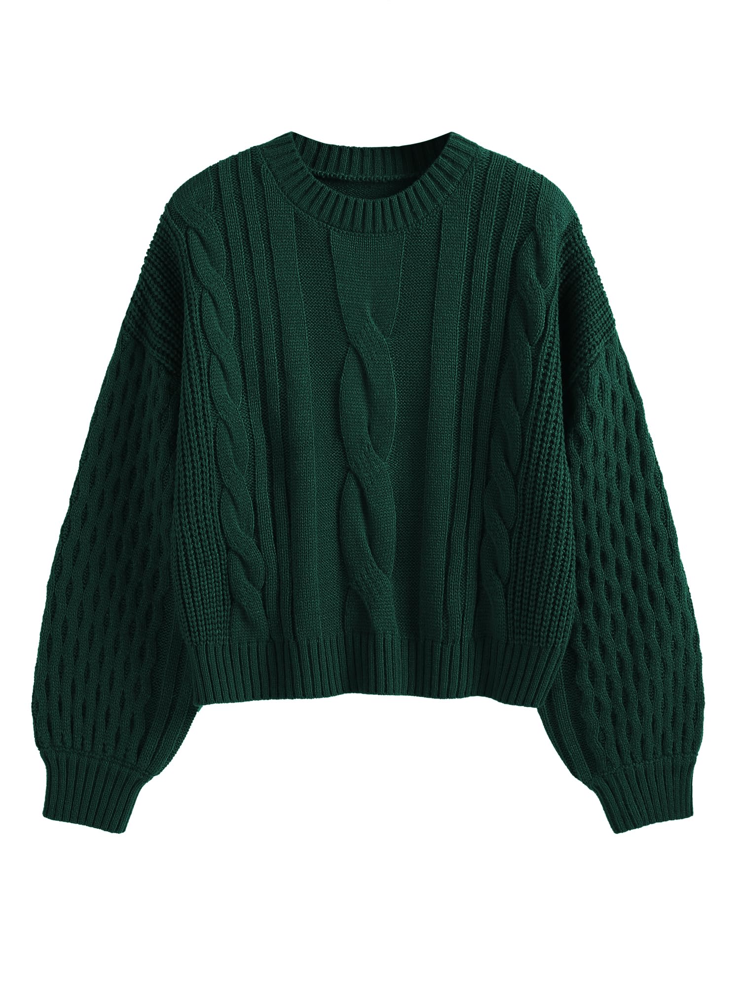 ZAFUL Womens Solid Knit Cable Sweater Casual Long Lantern Sleeve Pullover Crew Neck Knitted Tops