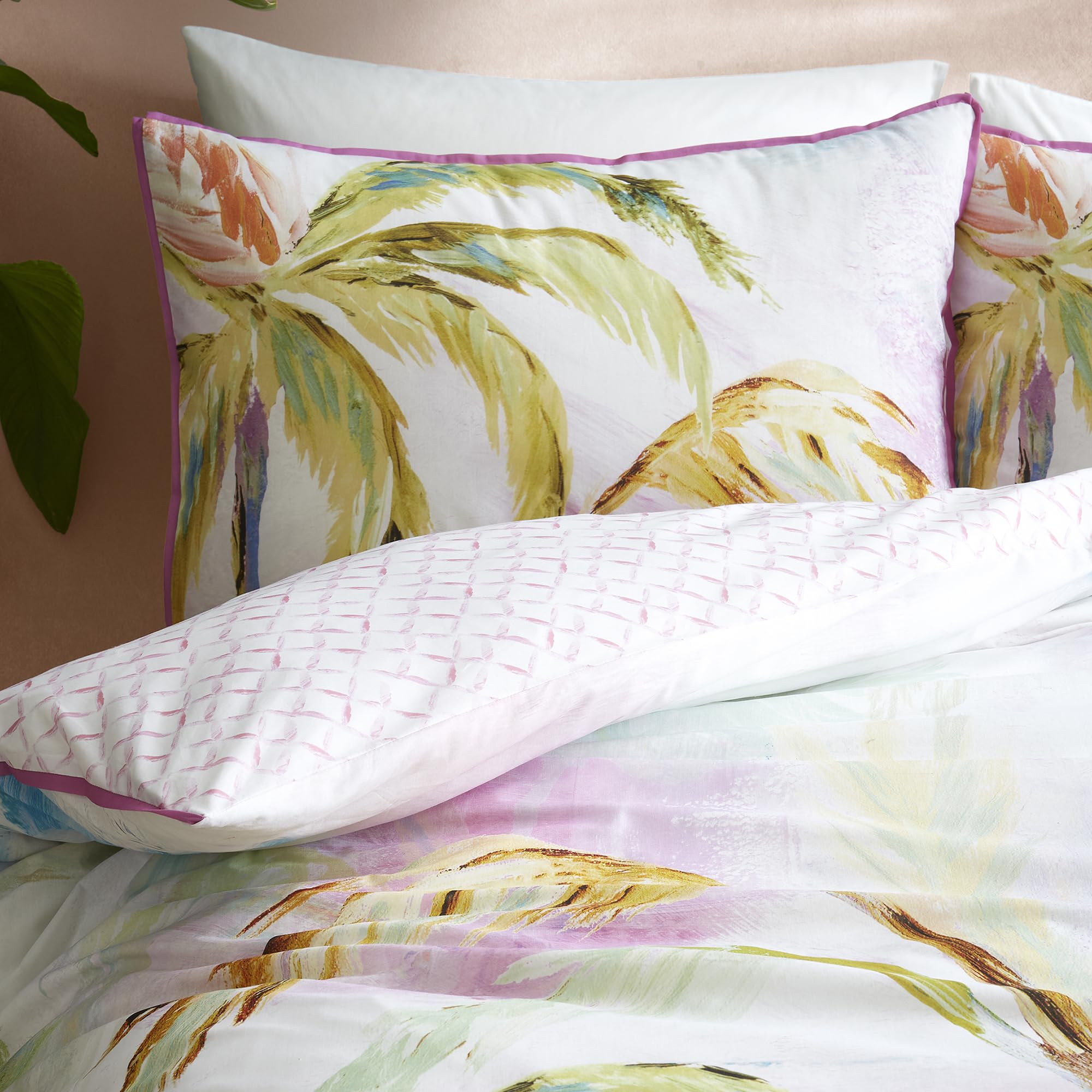 Appletree - Copripiumino con foglie di palma tropicale - Letto king size (230 x 220 cm) - 100% cotone - Bordo rosa a bordi - 2 federe - Biancheria da letto tropicale verde con foglia - Copripiumino