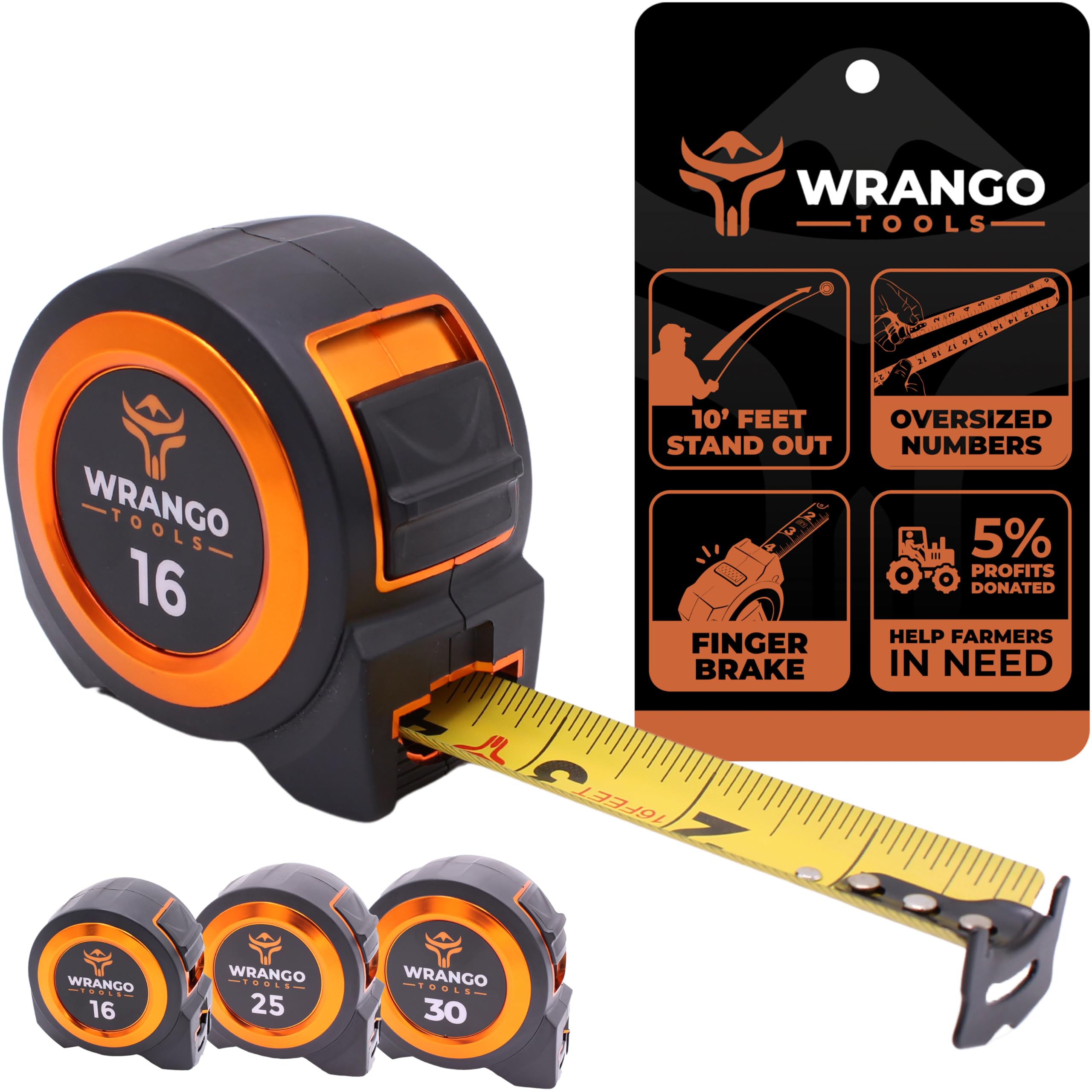 Wrango Tools Tape Measure 16 FT - Measuring Tape Retractable - Oversized & Double-Sided Print - Blade Lock, Finger Brake - High Performance Nylon
