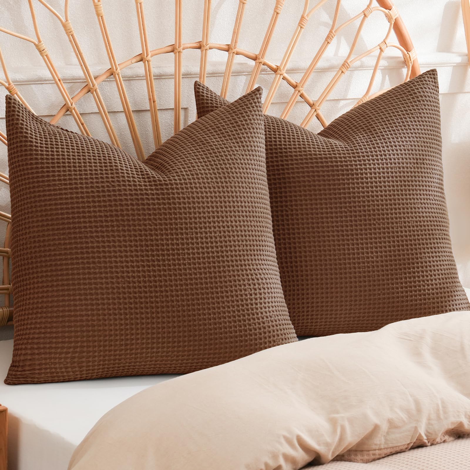 phf 100% cotton waffle weave throw pillow cover, 24" x 24", no filling, 2 pack elegant home decorative square throw pillow covers for bed couch sofa, cappuccino