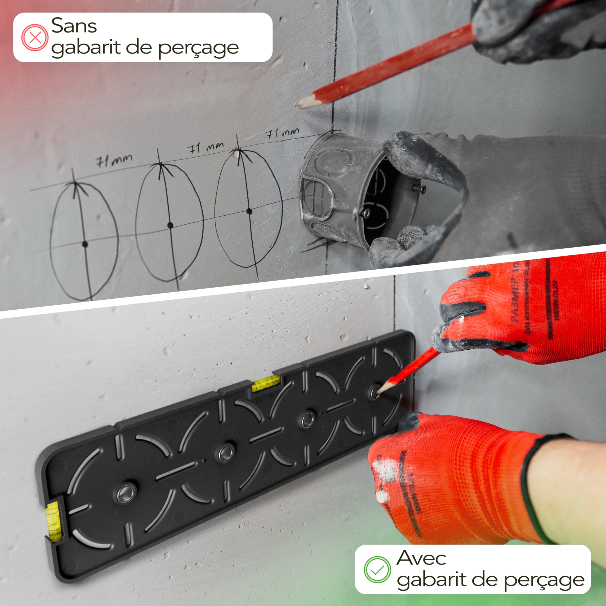 LAINFELD Gabarit de perçage pour prises | Incl. niveau à bulle | Niveau à bulle pour électriciens pour prise encastrée, boîtier encastré, boîtier à encastrer, boîtier à châssis de base