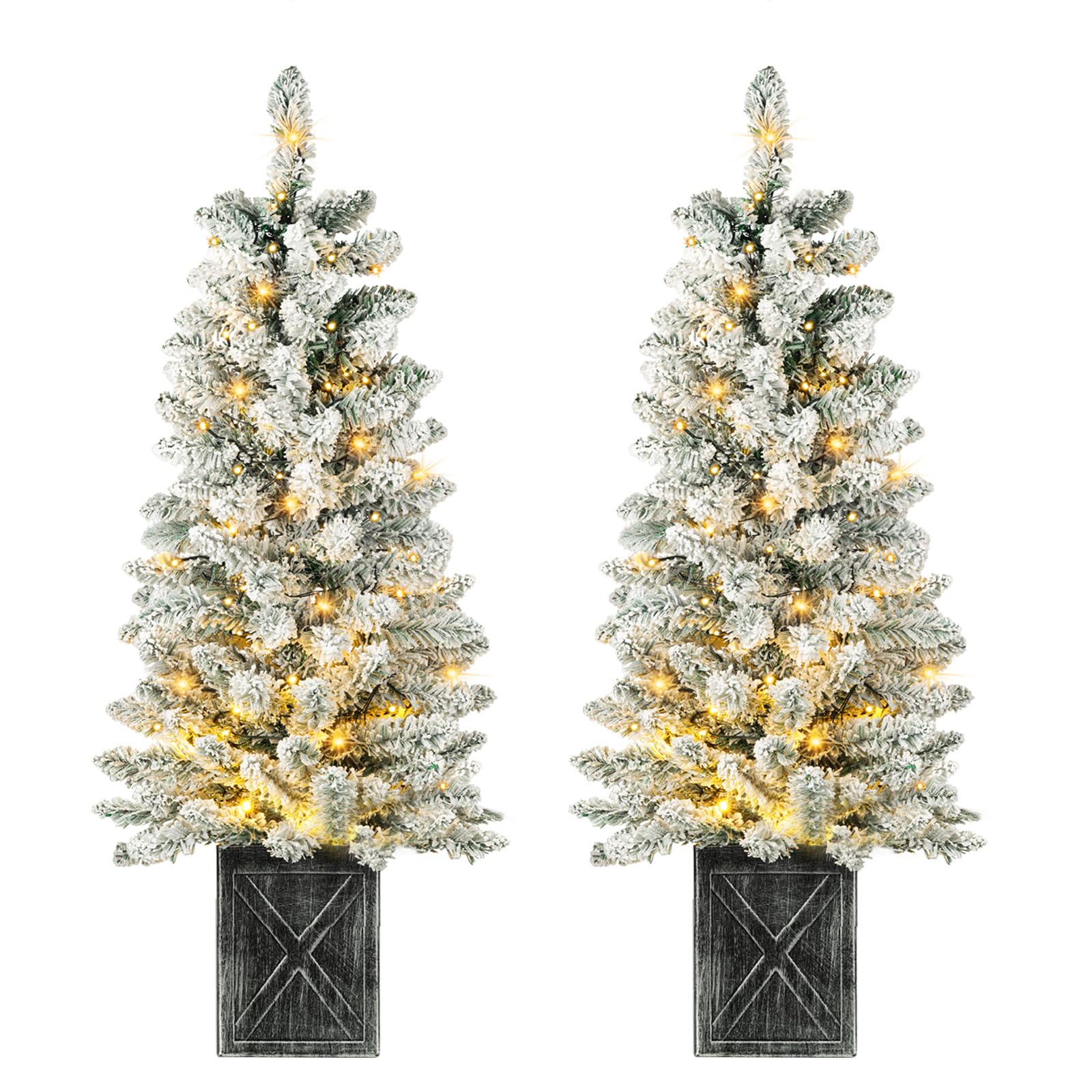 4FT Prelit Christmas Tree 2-Pack Snow Flocked Artificial Potted Christmas Tree with 100 Warm White LEDs Battery Powered & 8 Lighting Modes for Xmas Porch Entrance Decorations