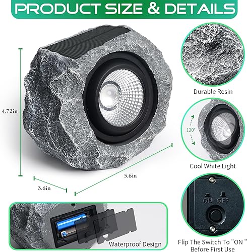Vista 5 de Luces solares de roca para exteriores, luces solares ajustables en ángulo para exteriores, impermeables, luces LED solares de jardín, iluminación