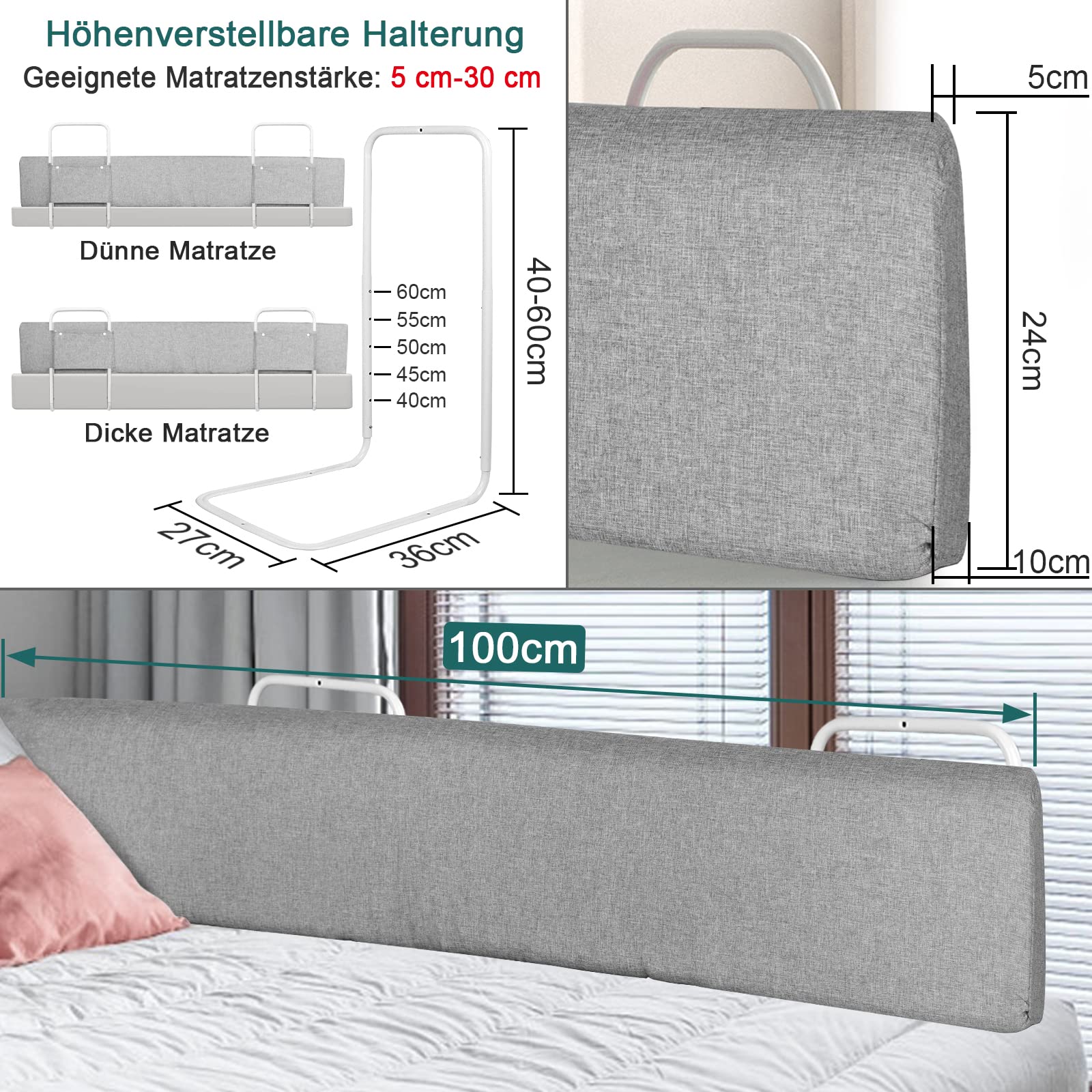 Froadp 100 cm, set di protezione per i bordi del letto per bambini, regolabile in altezza, protezione antiscivolo, per letto con chiusura lampo, deformabile, morbida, ringhiera di sicurezza per