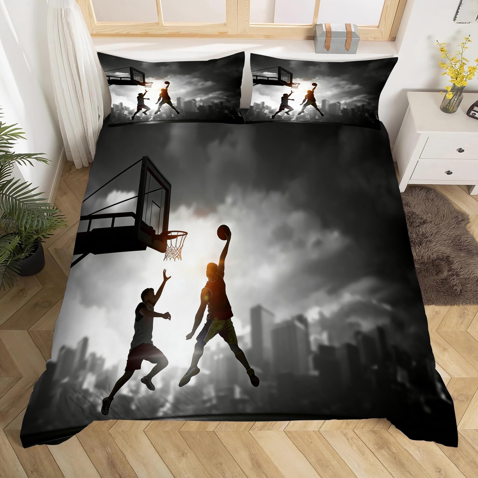 Housse de couette 220x240 basketball avec 2 taies d'oreiller lit 2 personnes