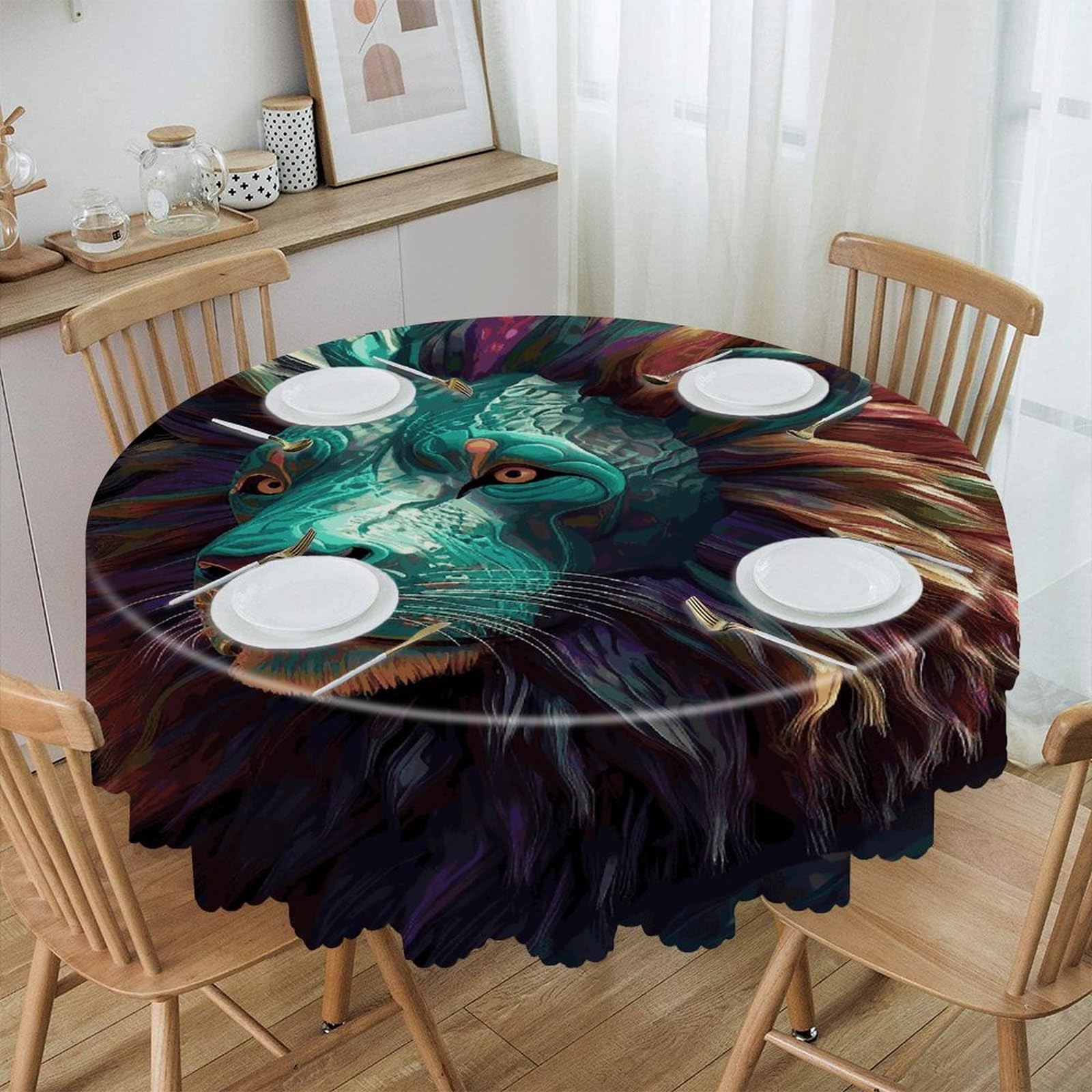 VstaDank - 3D Lion Abstract Round Tablecloth 60 Inch Easy Clean Round Thick Decorative Polyester Tablecloth for Dining Kitchen Party Farmhouse Outdoor