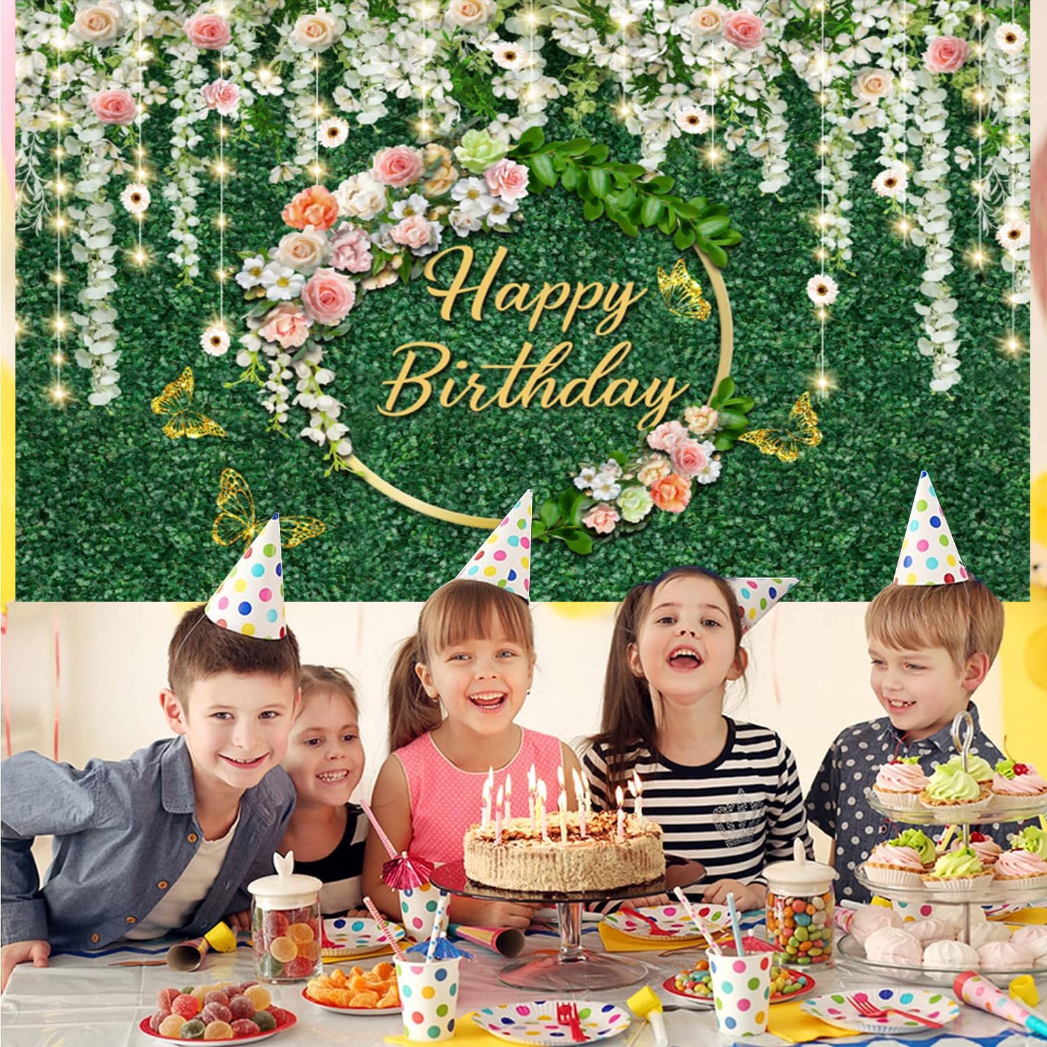 3x2m Sfondo compleanno verde foglie floreale buon compleanno segno poster fotografia sfondo donne ragazze principessa festa compleanno interni decorazioni all'aperto striscione Photo Booth Props