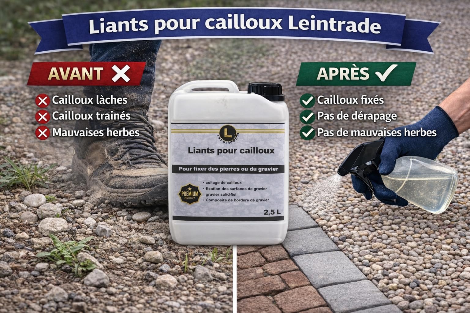 Liant pour Gravier 2,5L Extérieur – Stabilisateur pour Cailloux et Pierres – Colle pour Gravier – Idéal pour Allées, Terrasses et Jardins – Prêt à l’Emploi