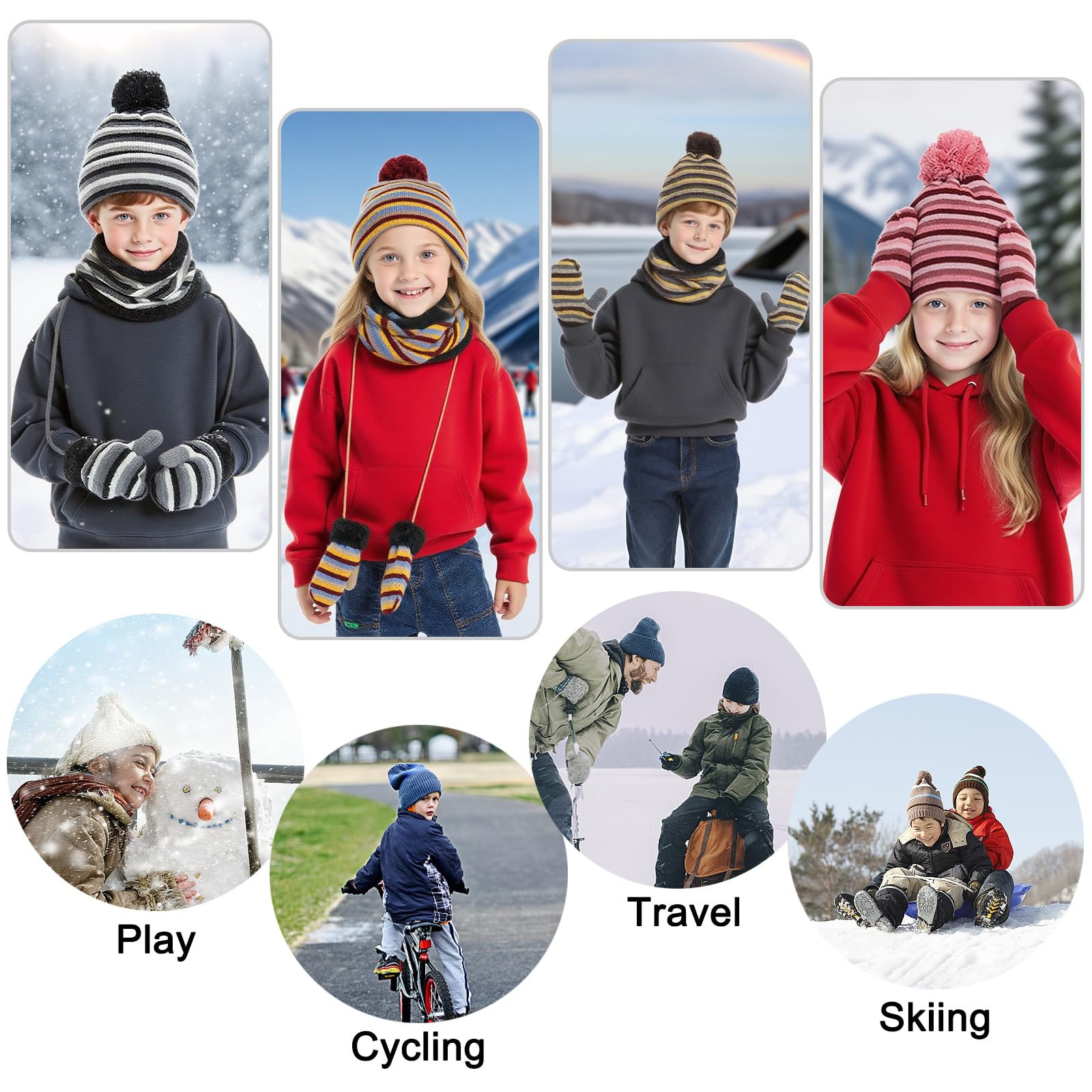 Enwokran Dziecięcy zimowy pompon czapka beanie szalik rękawiczki zestaw ciepła dzianinowa czapka rękawiczki i polar ocieplacz na szyję szalik 3 szt. dla chłopców i dziewcząt w wieku 2-6 lat