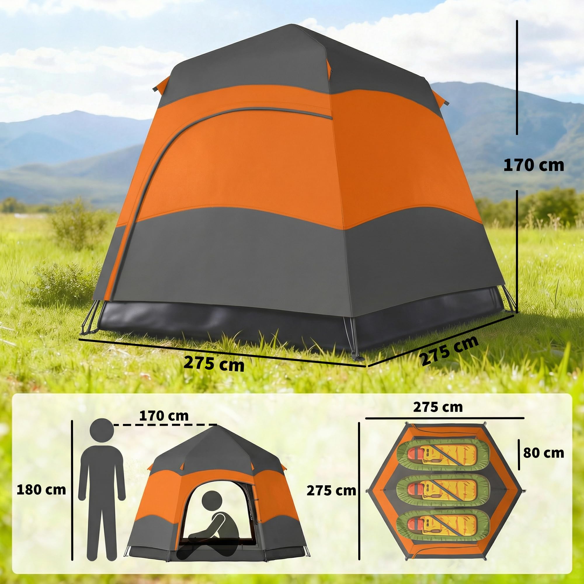 Tienda de campaña instantánea de Doble Capa Outsunny con Cubierta Impermeable, Tienda Domo Hexagonal para 4 Personas, Refugio de Camping portátil con Suelo Cosido y Bolsa de Transporte, Ideal para