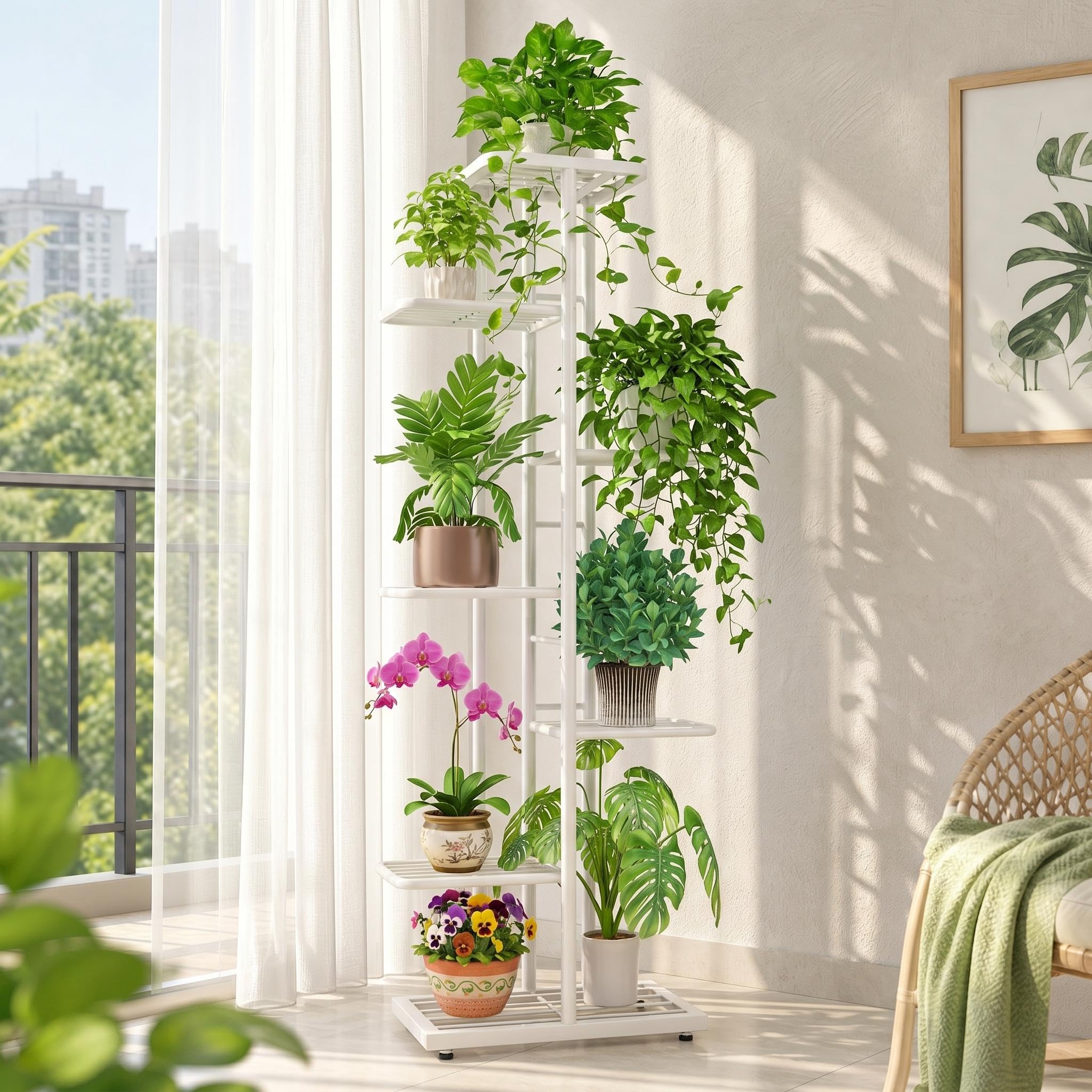 Garvee Soporte para Plantas de Metal, Estantería Esquinera 7 Niveles para 8 Macetas, Soporte para Macetas Interior/Exterior para Balcón, Patio, Jardín, Salón, Blanco