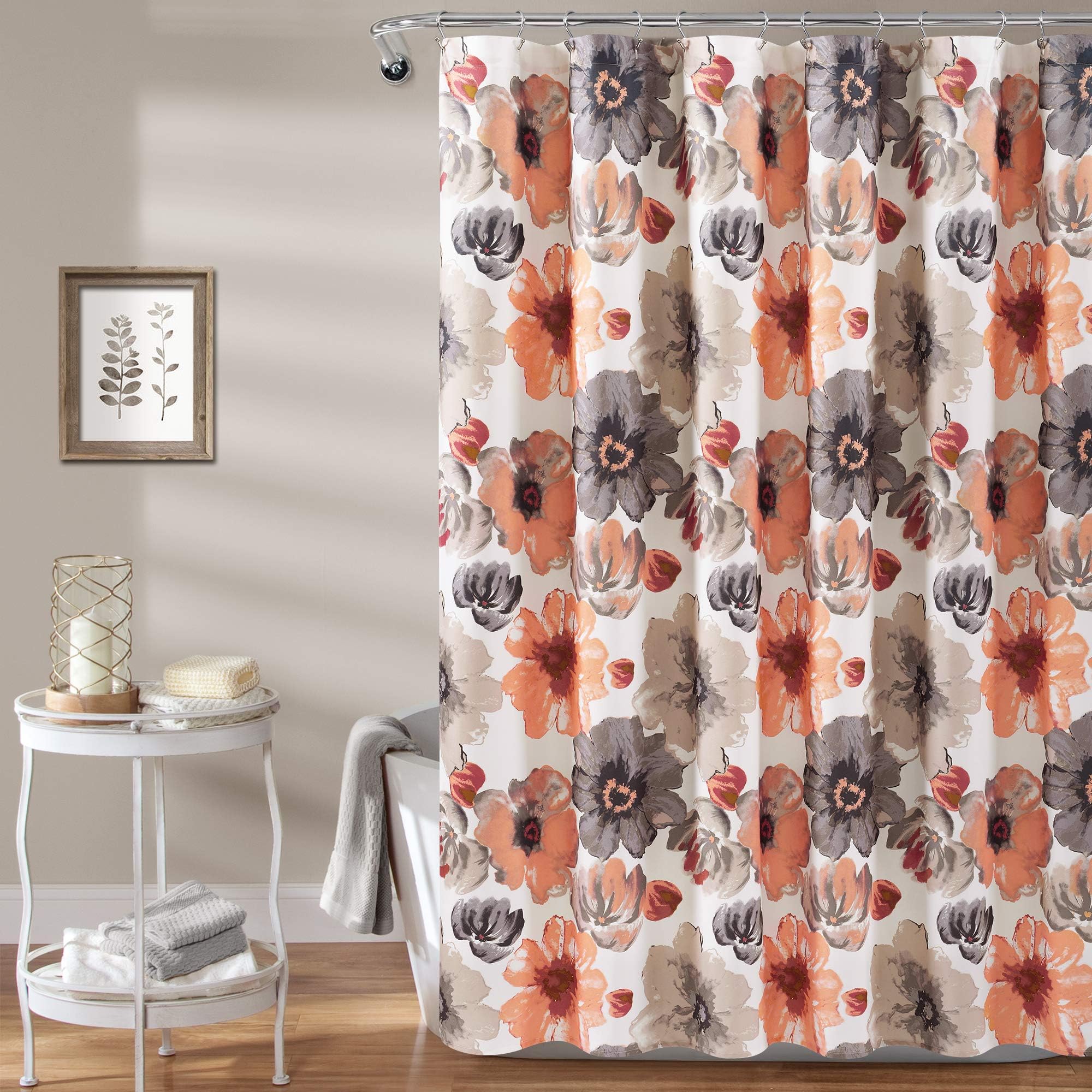 Lush DecorCoral/Gray Leah Shower Curtain-Bathroom Flower Floral Large Blooms Fabric Print Design, 72โ x 72"