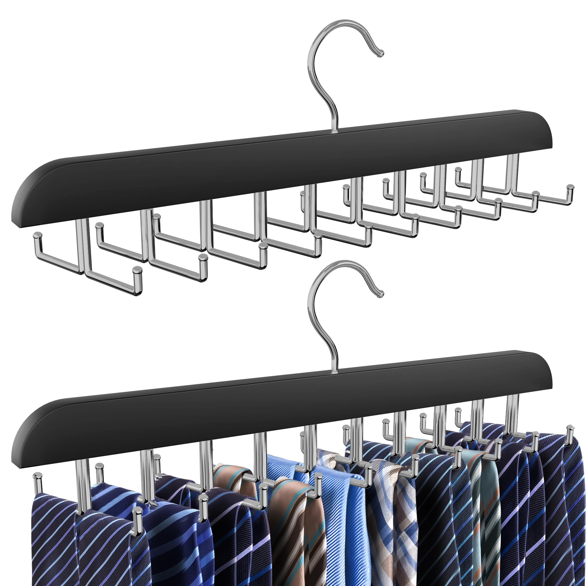 Percha para corbatas para armario, 2 en 1 con 20 ganchos plegables, organizador de corbata de madera giratorio de 360 grados para hombres, corbatas, cinturones, bufandas, camisetas sin mangas