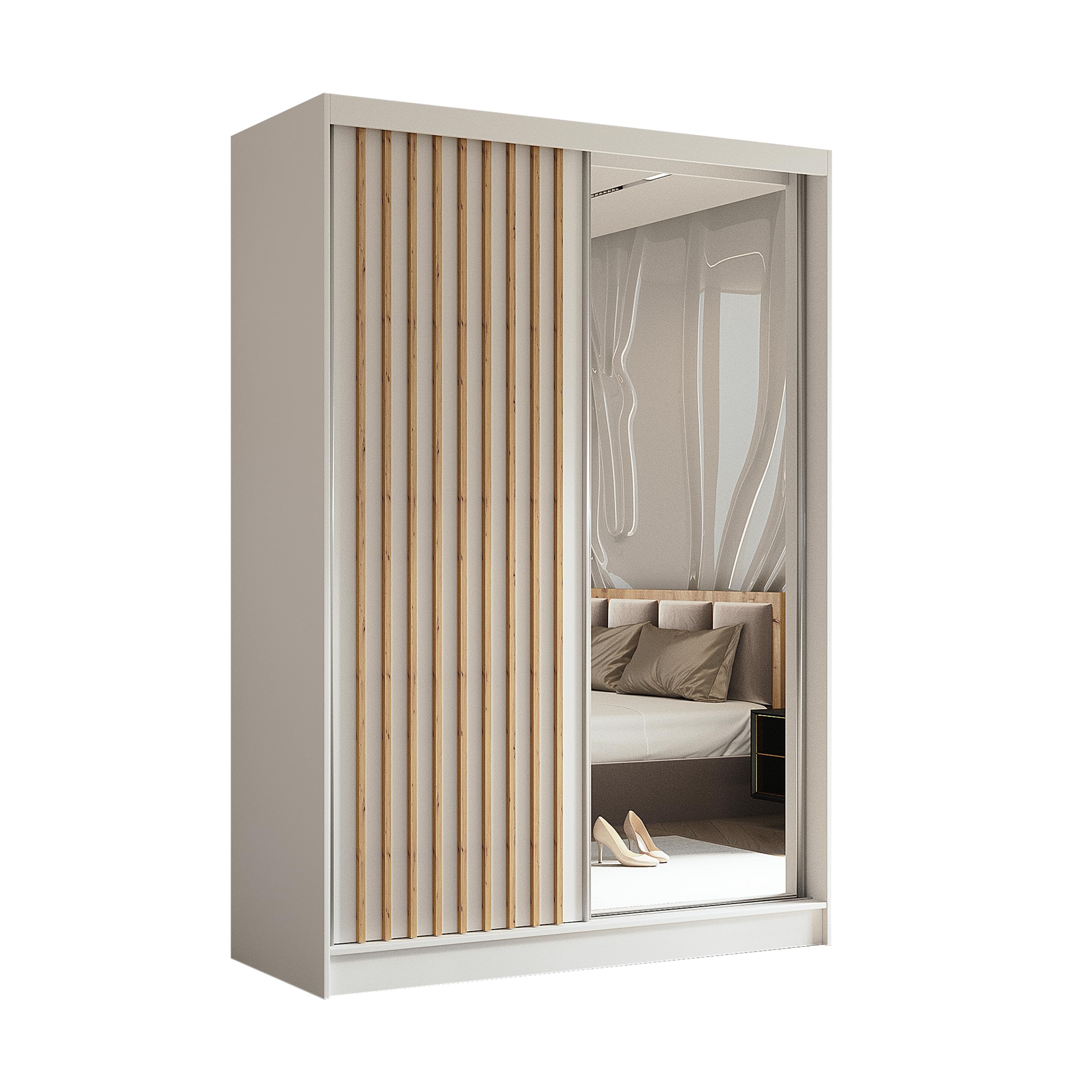 Kleiderschrank Erika mit Lamellen und Spiegel, Organizer, Mehrzweckschrank, Schwebetürenschrank, Garderobenschrank, Kleiderstange, Kleiderständer, Flurschrank, 150 cm, weiß, braun