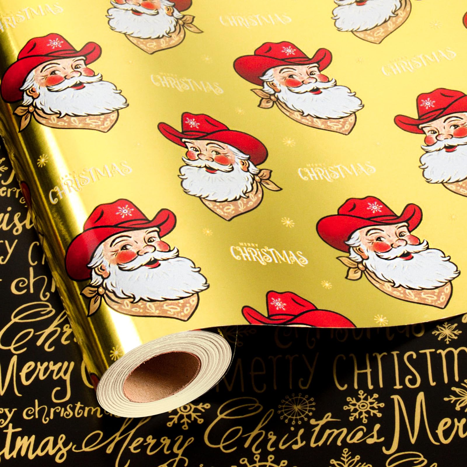 Homeral Western Christmas Wrapping Paper Roll - 43cm x 10m - Gold Metallic CowBoy Santa Claus and Black and Gold Lettering Reversible Gift Wrap Paper for Xmas, New Year Party Celebration